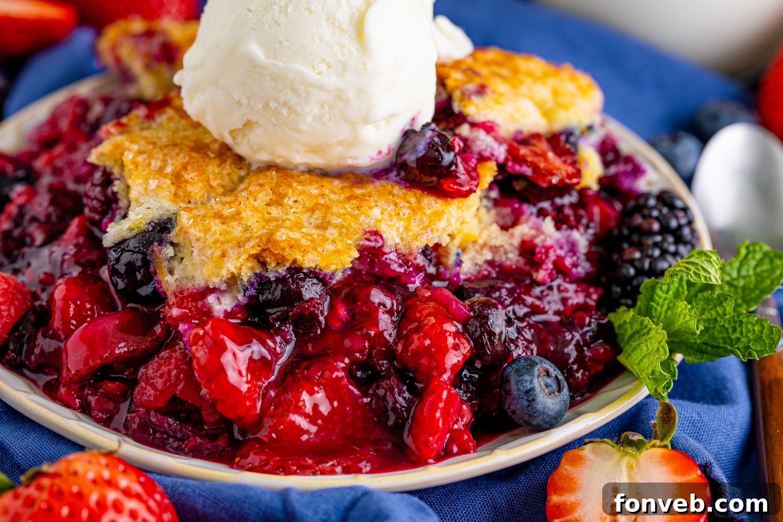 Up close view of a Mixed Berry Cobbler on a white dish, with a scoop of vanilla ice cream gently melting over the warm berry filling and crumbly topping.