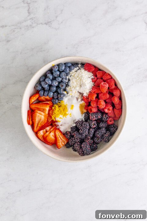 Various stages of Mixed Berry Cobbler preparation, including mixing berries, preparing dough, and placing topping.