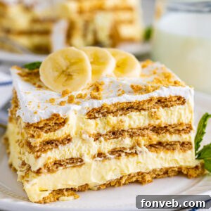 A slice of Banana Icebox Cake garnished with whipped cream and fresh banana slices.