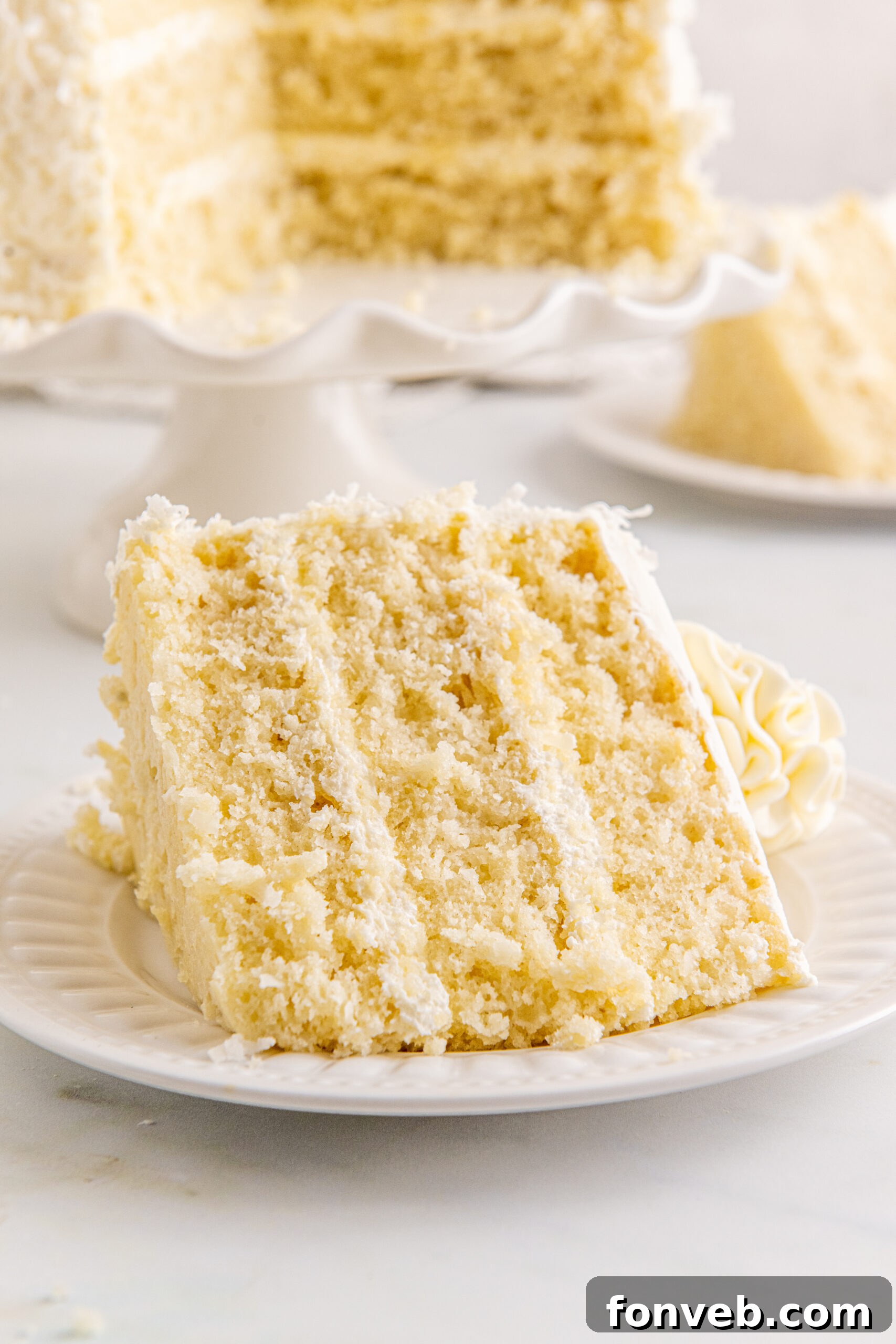 Tropical Coconut Dream Cake 8 A pristine front view of a single slice of Coconut Layer Cake elegantly presented on a white plate, showcasing its fluffy texture and generous frosting.