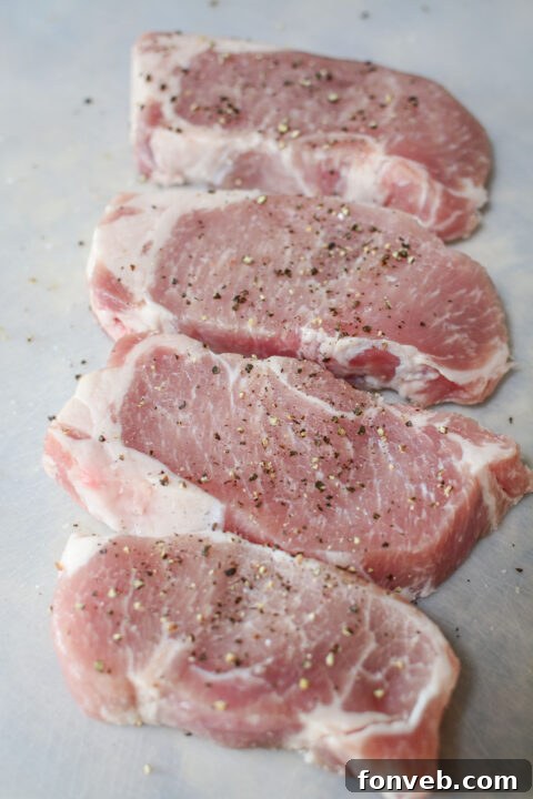 Step-by-step image of pork chops being seasoned.