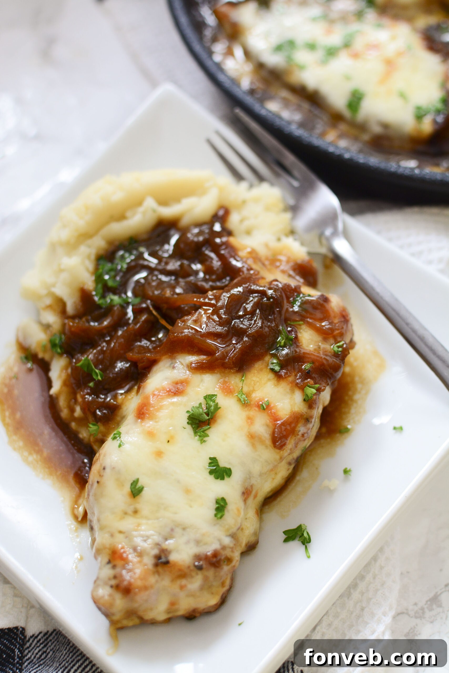 Close-up of French Onion Pork Chops with mashed potatoes on a white plate, showing the texture of the pork.