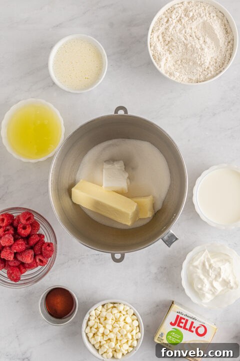 Variety of images of White Chocolate Raspberry Cake baking process and finished product