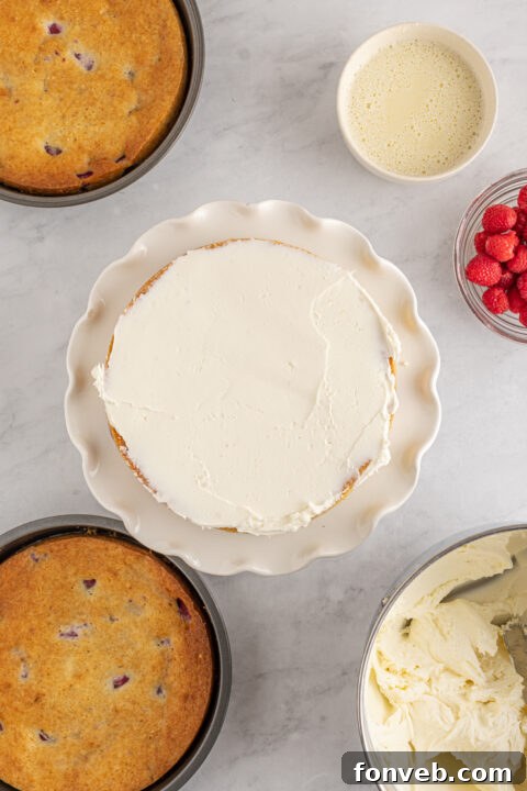 Variety of images of White Chocolate Raspberry Cake baking process and finished product