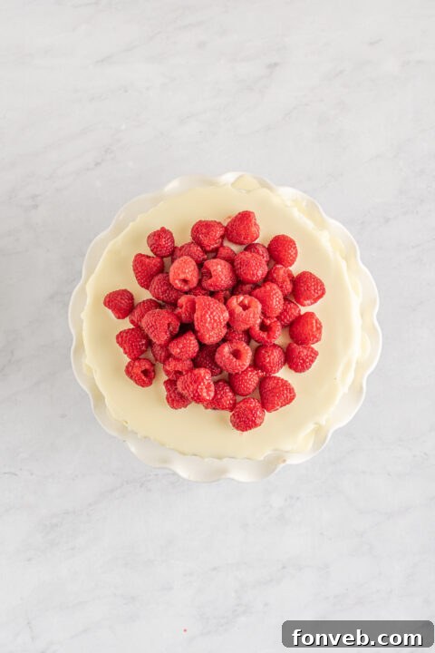 Variety of images of White Chocolate Raspberry Cake baking process and finished product