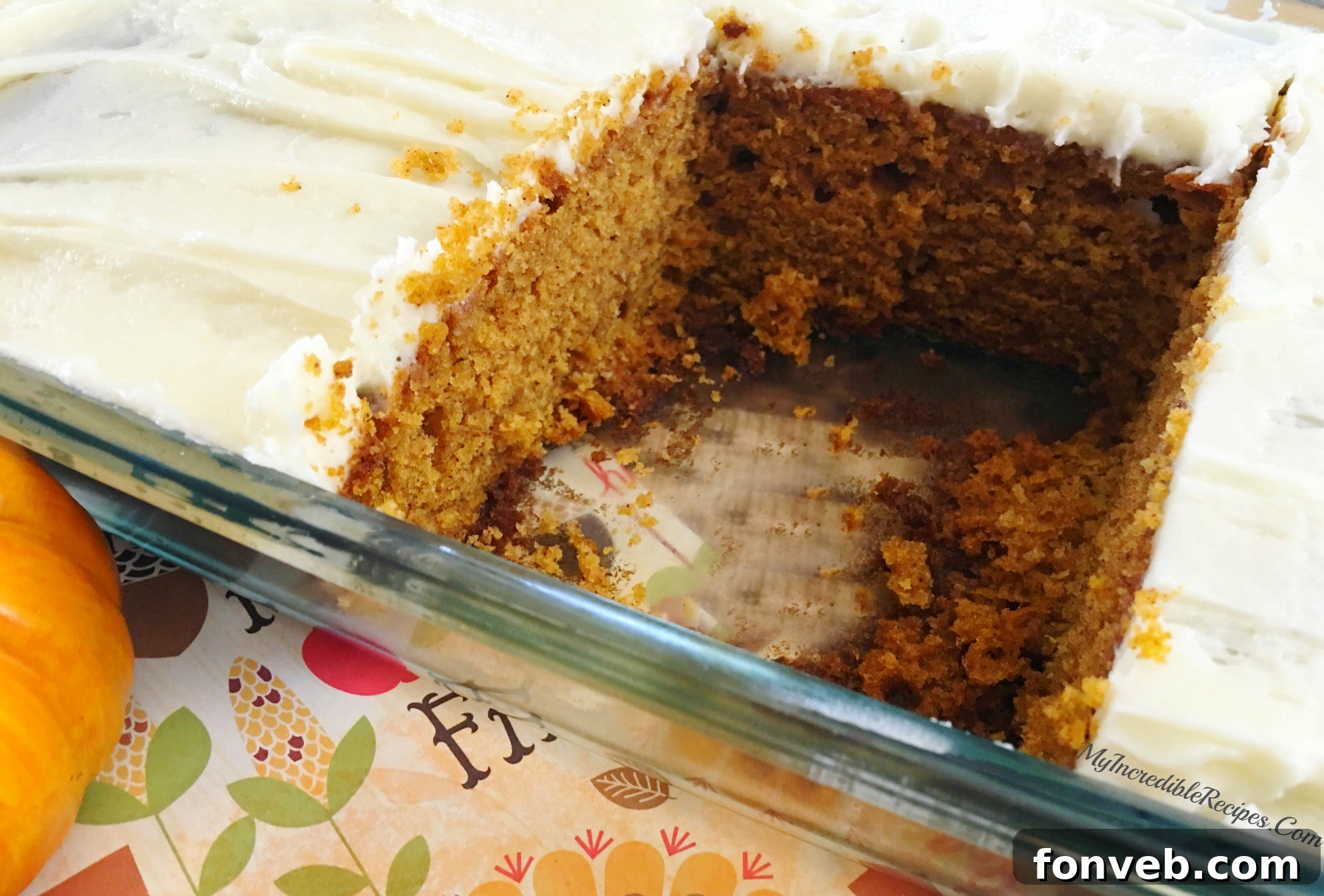 Luscious Pumpkin Spice Cake with Velvety Cream Cheese Frosting 6 Close-up of the pumpkin cake with frosting, showcasing its inviting texture