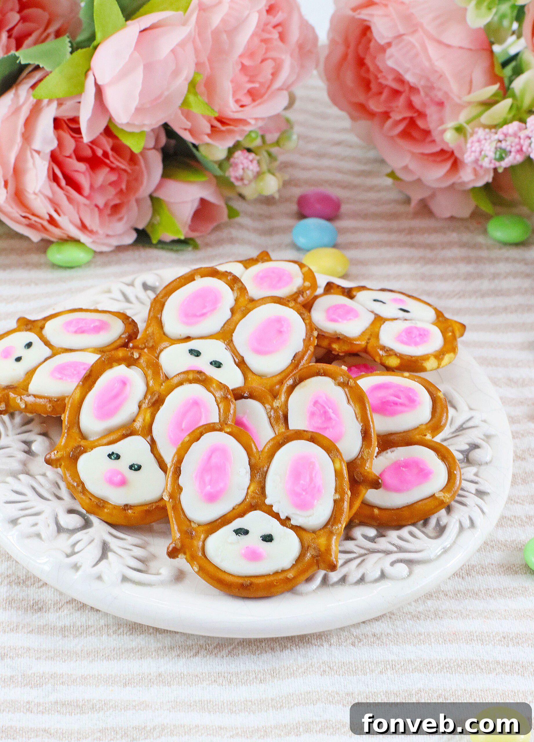 Hoppy Twists 15 A vibrant and playful display of Bunny Pretzels in a whimsical setting, inviting everyone to partake in their sweet and salty joy.