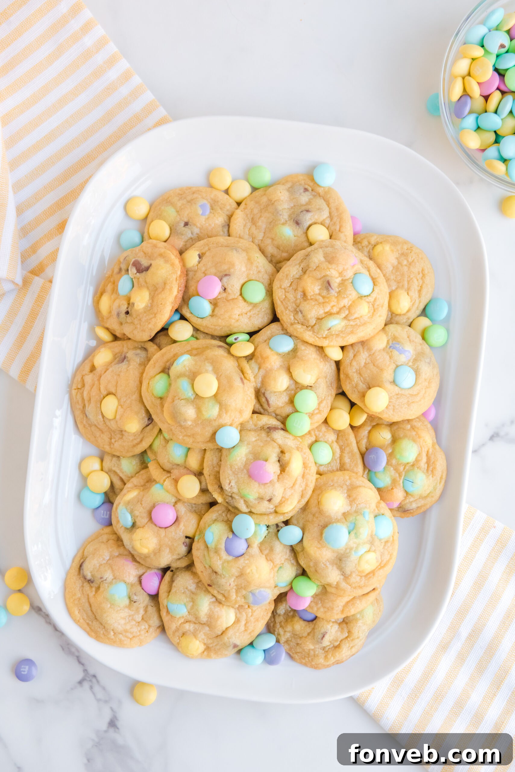 Overhead view of a beautifully arranged plate of Easter Pudding Cookies, ready for serving.