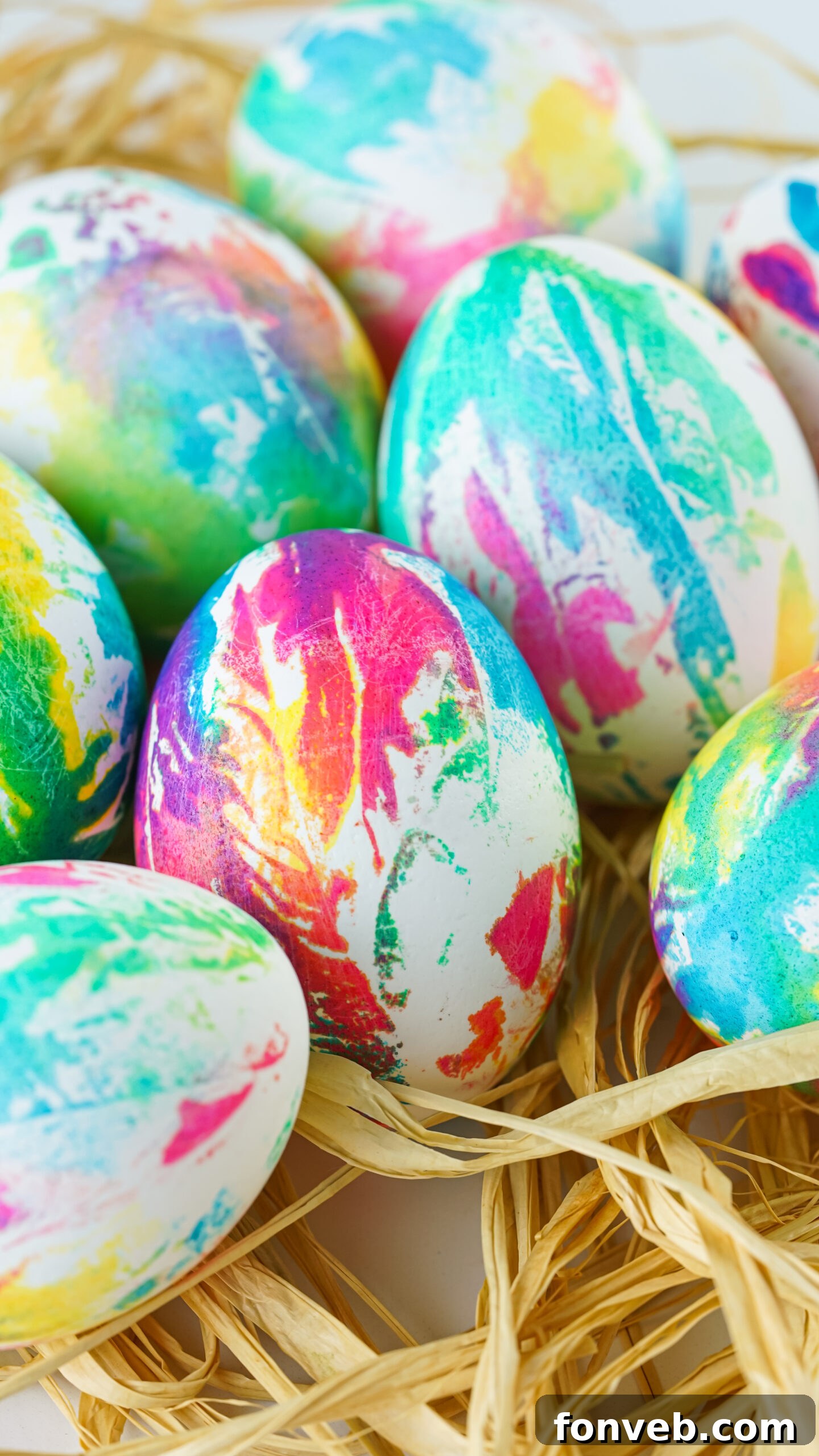 Front view of Tie Dye Easter Eggs on a bed of Easter grass.