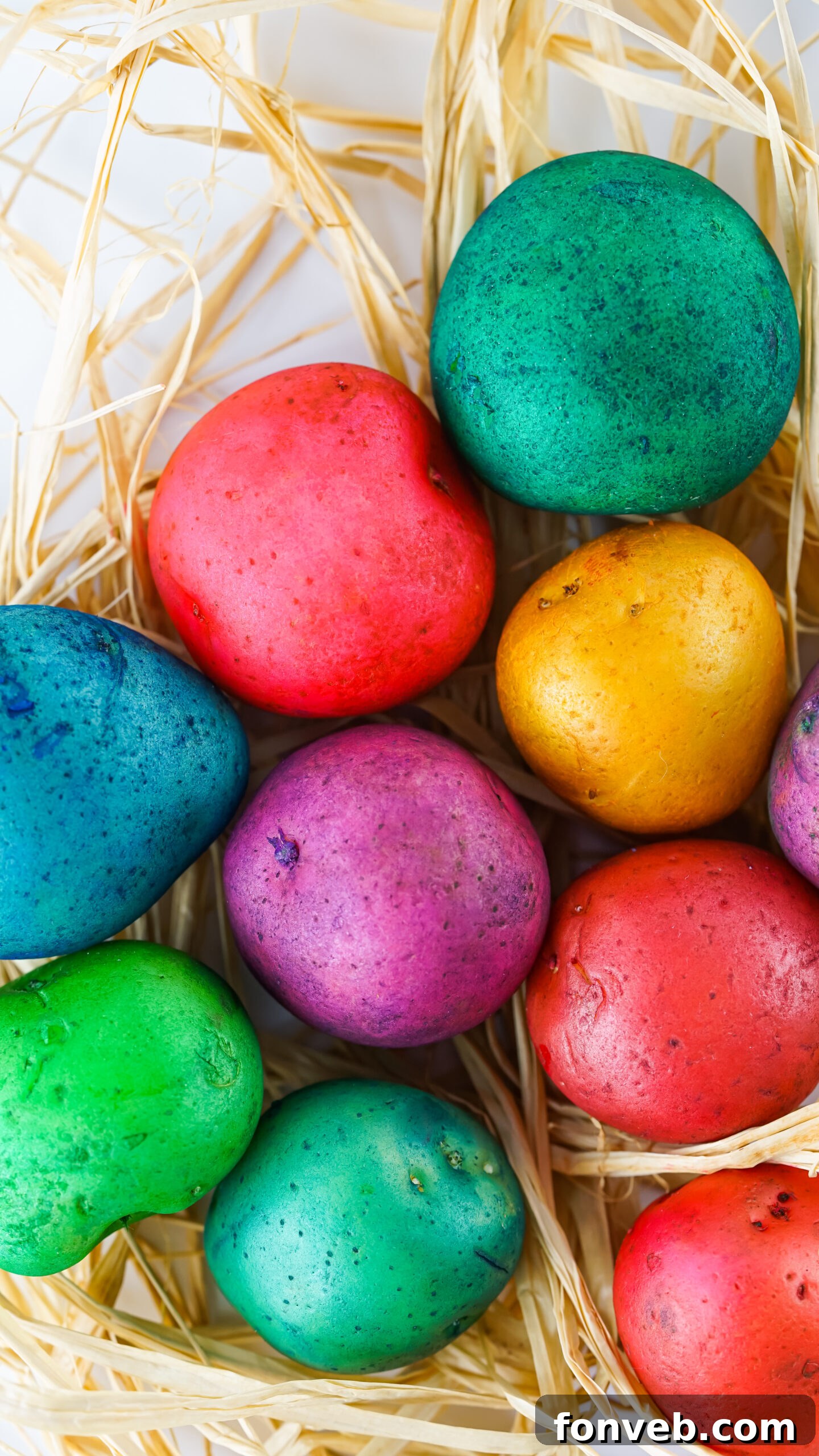 Overhead view of colorful Dyed Easter Egg Potatoes on a bed of straw, showcasing their vibrant appearance as a unique Easter decoration.
