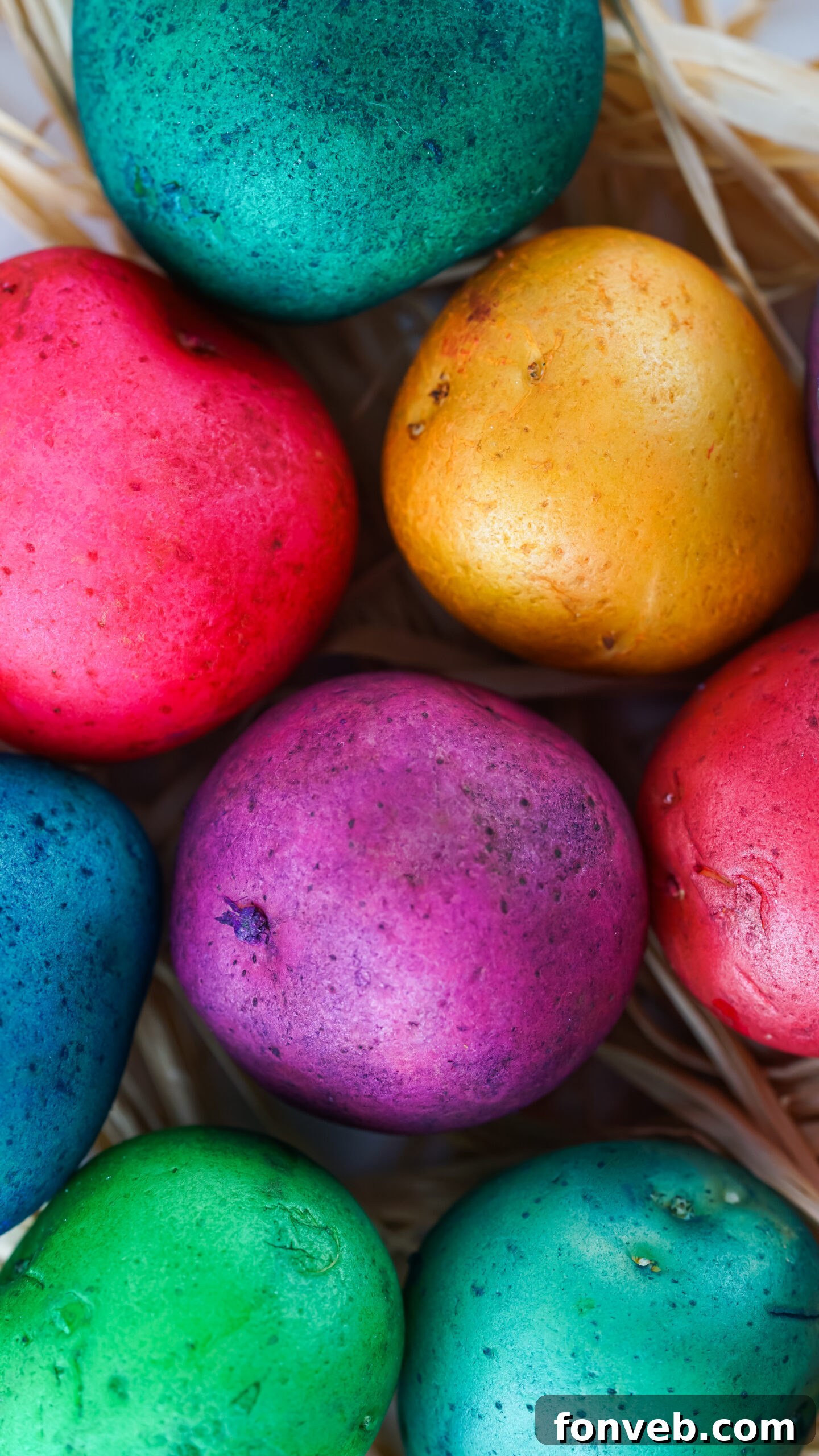 A closer overhead view of artfully Dyed Easter Egg Potatoes nestled in straw, highlighting the intricate patterns and bright hues.