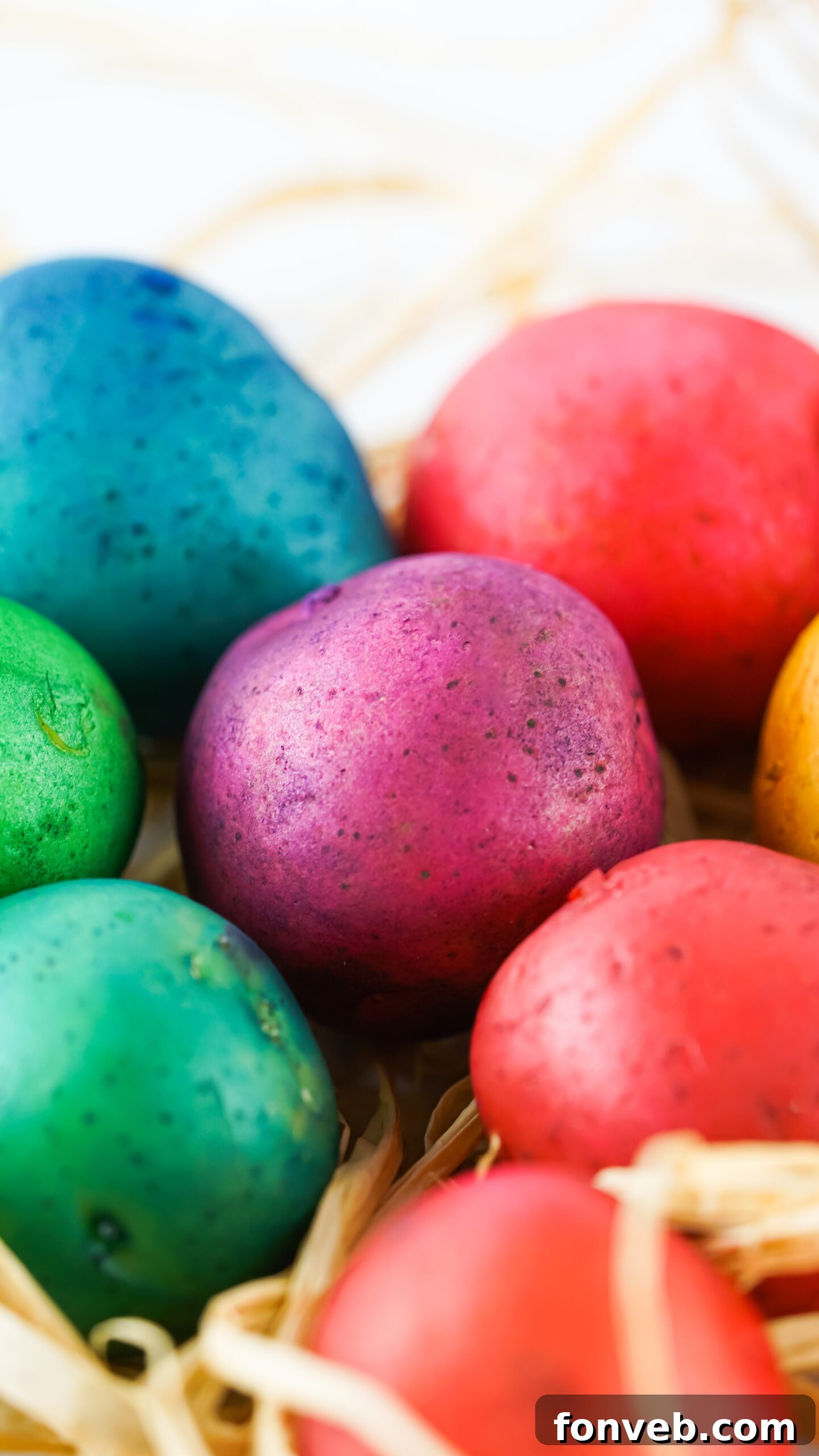 Close-up detail of a collection of vibrant Dyed Easter Egg Potatoes, showing texture and color variations against a natural straw background.