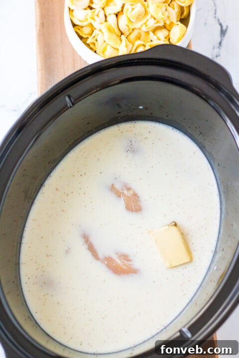 Various angles of Slow Cooker Chicken Tortellini in serving dishes.
