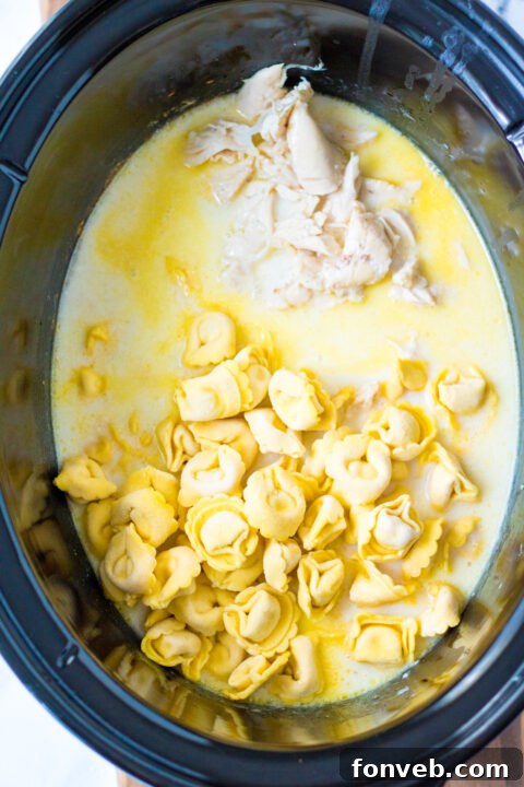 Close up of a spoon serving Slow Cooker Chicken Tortellini.