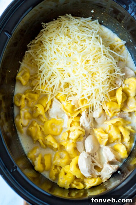 A bowl of Slow Cooker Chicken Tortellini garnished with herbs.