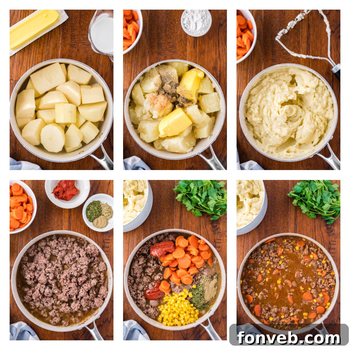 A visual guide showing a step-by-step collage of images illustrating how to prepare the flavorful meat filling for Shepherd's Pie.