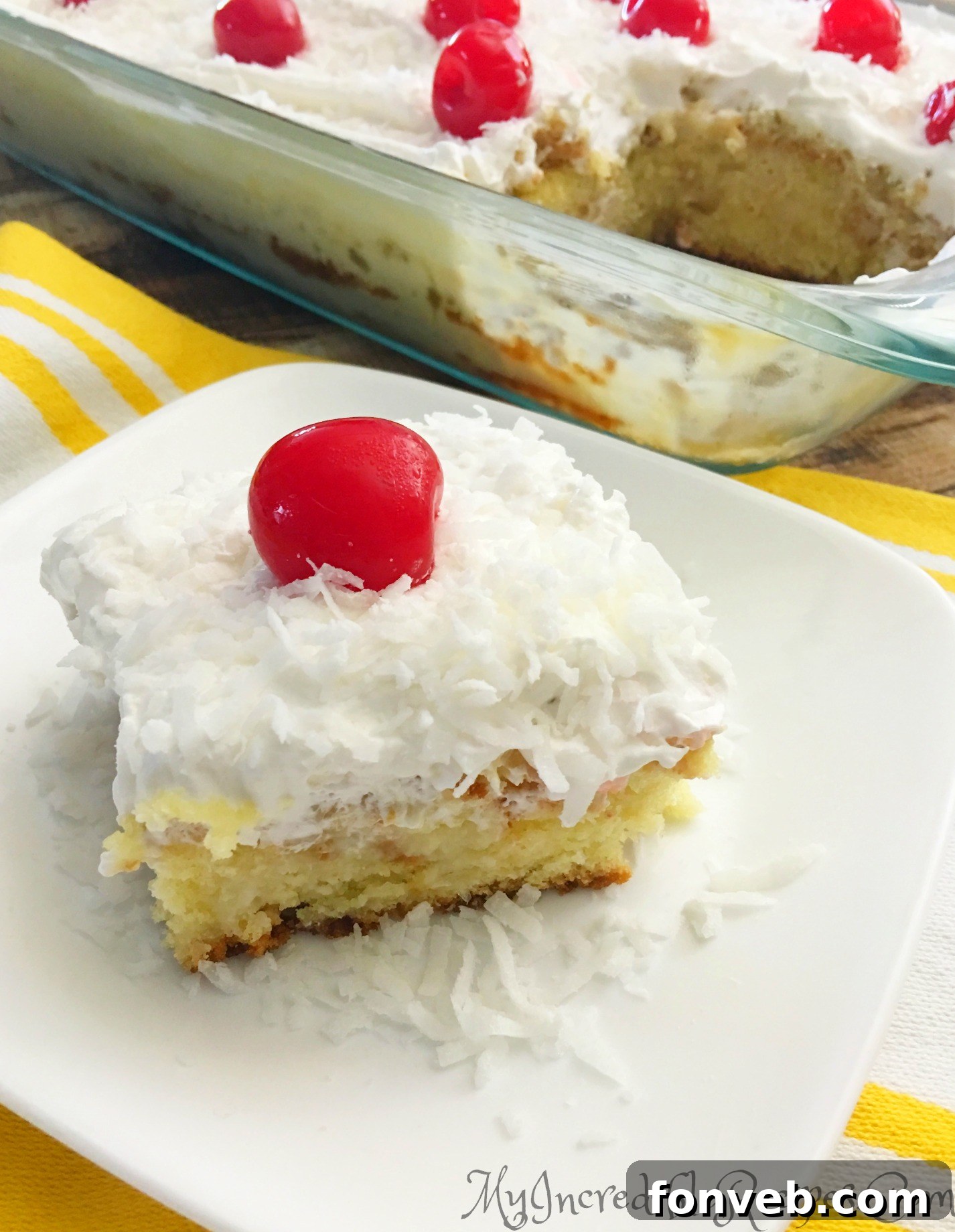 Another close-up of the delicious Pina Colada Poke Cake