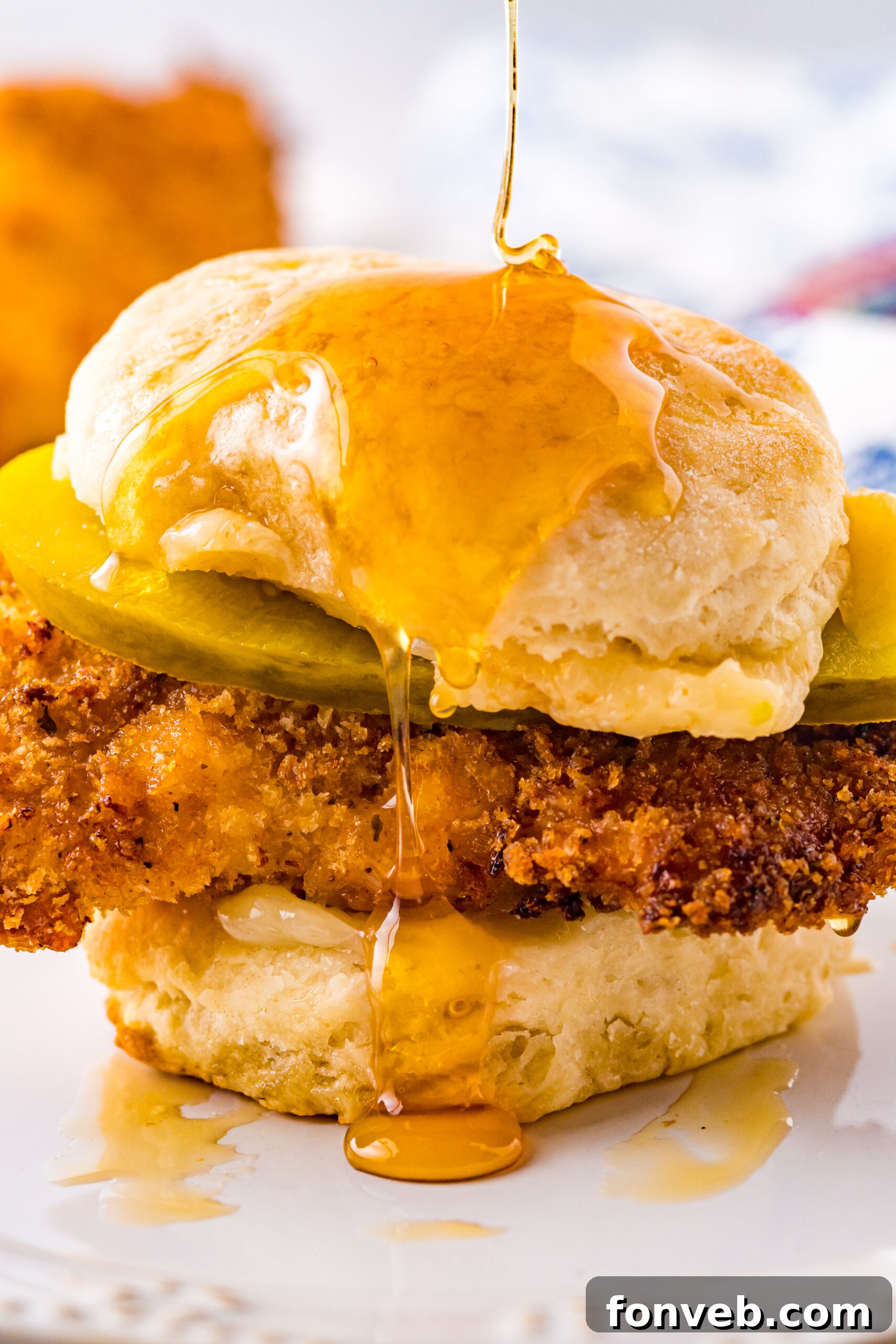 Front view of an appetizing Honey Butter Chicken Biscuit on a white plate.