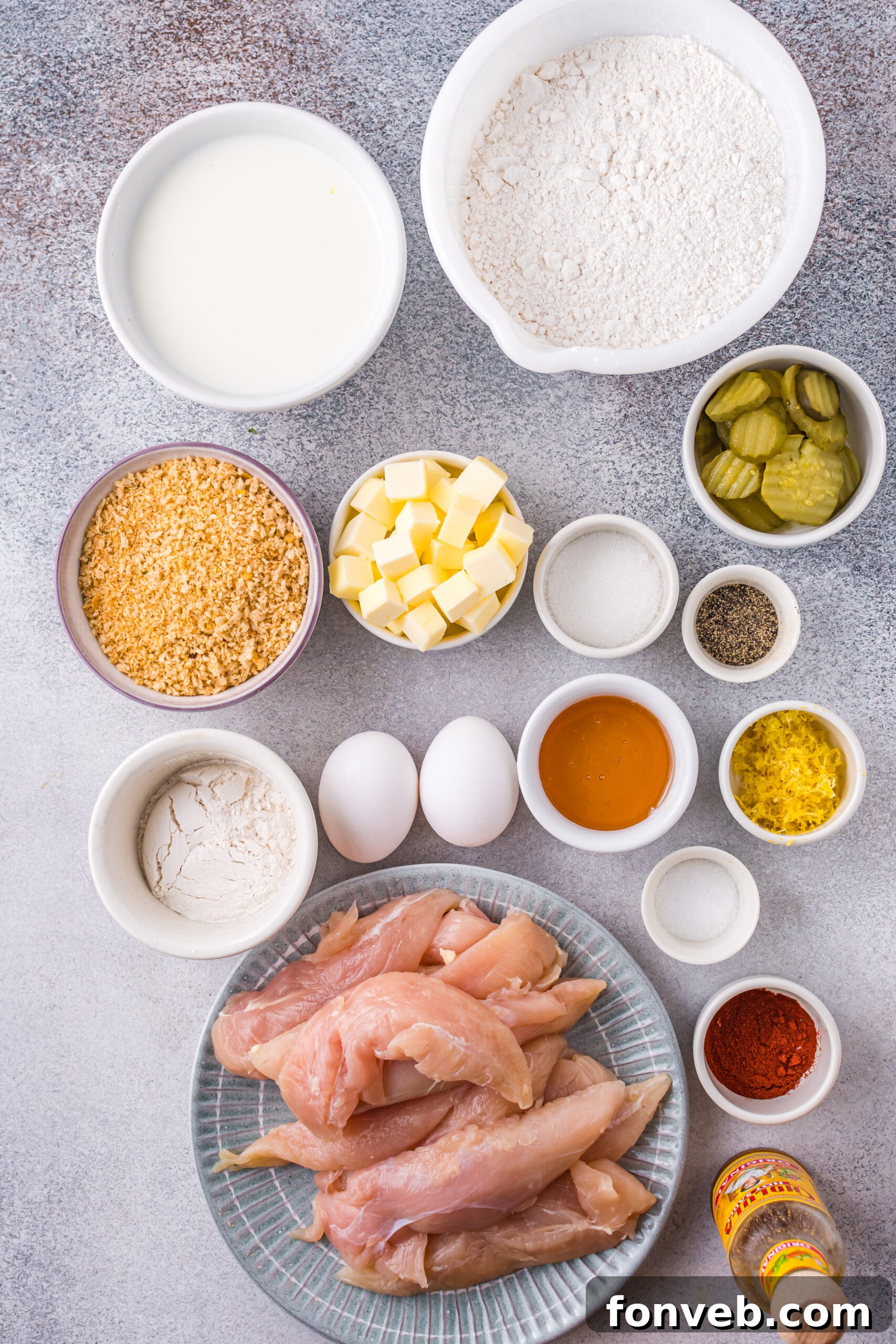 Overhead view of the ingredients needed to complete this recipe, neatly arranged on a counter.