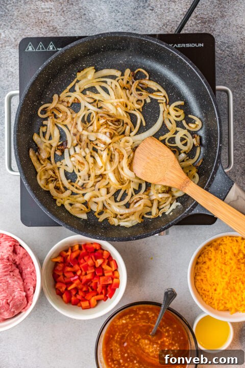 Step-by-step image of caramelized onions in a skillet.