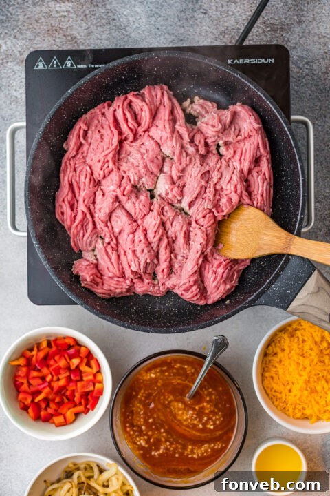 Step-by-step image of cooking ground chicken in a skillet.