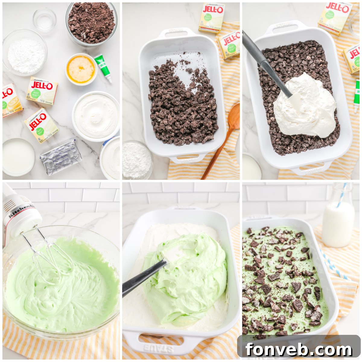 Emerald Lasagna 7 A collage of six images detailing the step-by-step process of preparing Shamrock Lasagna Dessert, from ingredients to assembly.