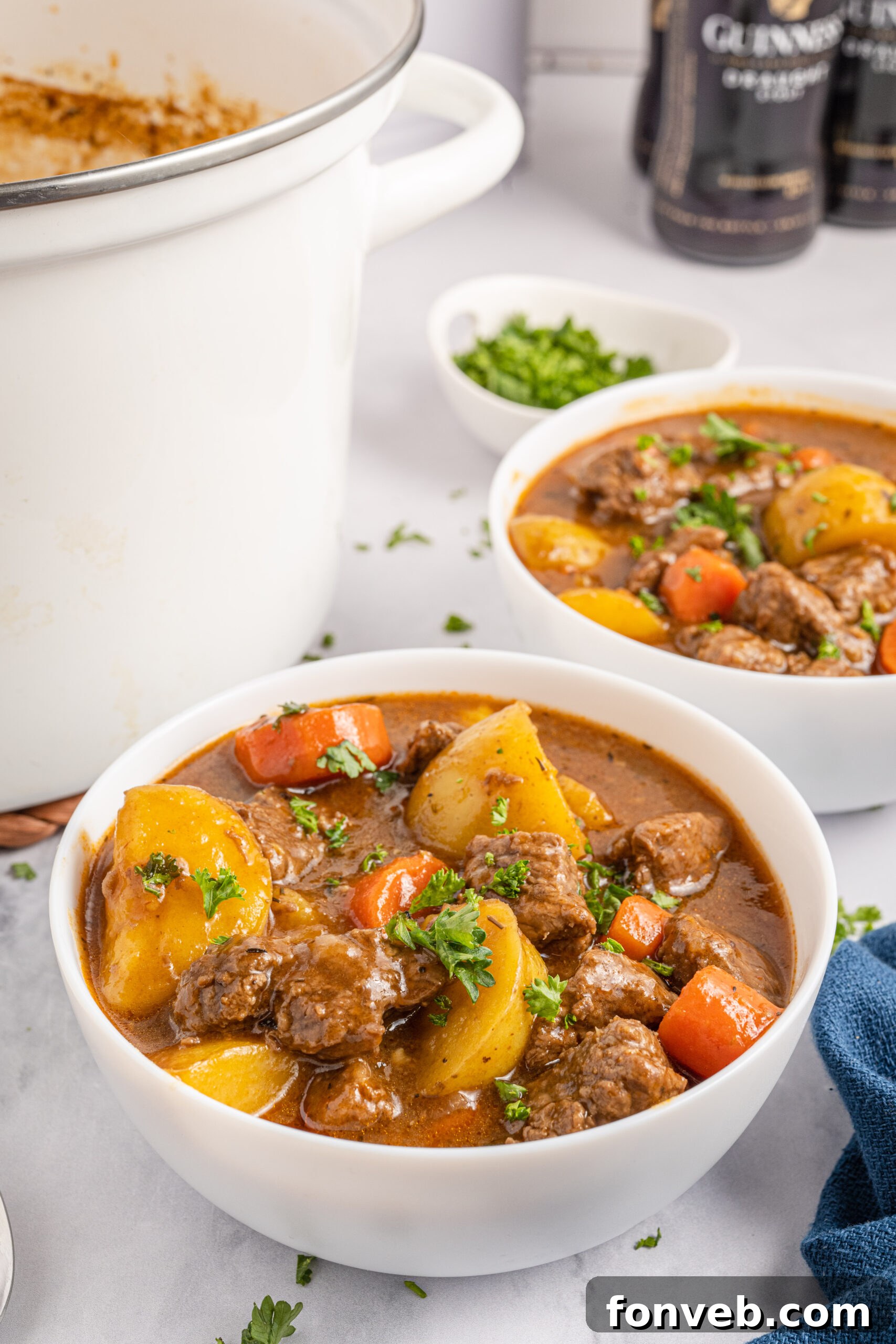 Two bowls of Irish Stew topped with fresh parsley leaves. 