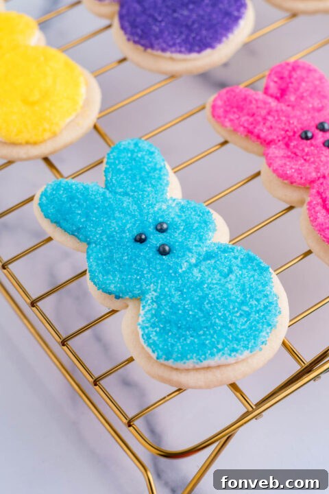 A blue bunny cookie with a black sugar pearl being carefully placed for its nose, completing its adorable expression.