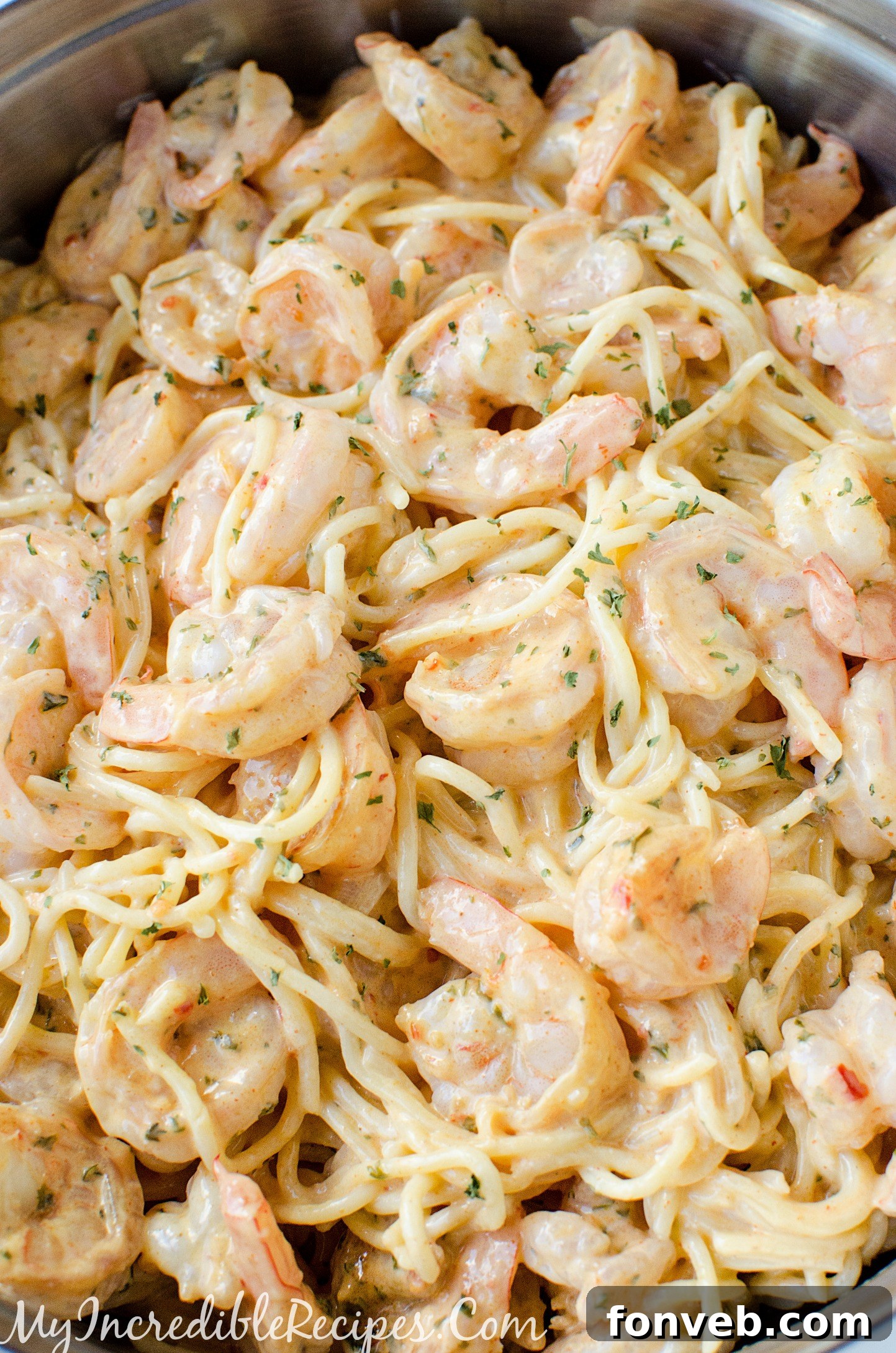 Plated Bang Bang Shrimp Pasta ready for a meal.