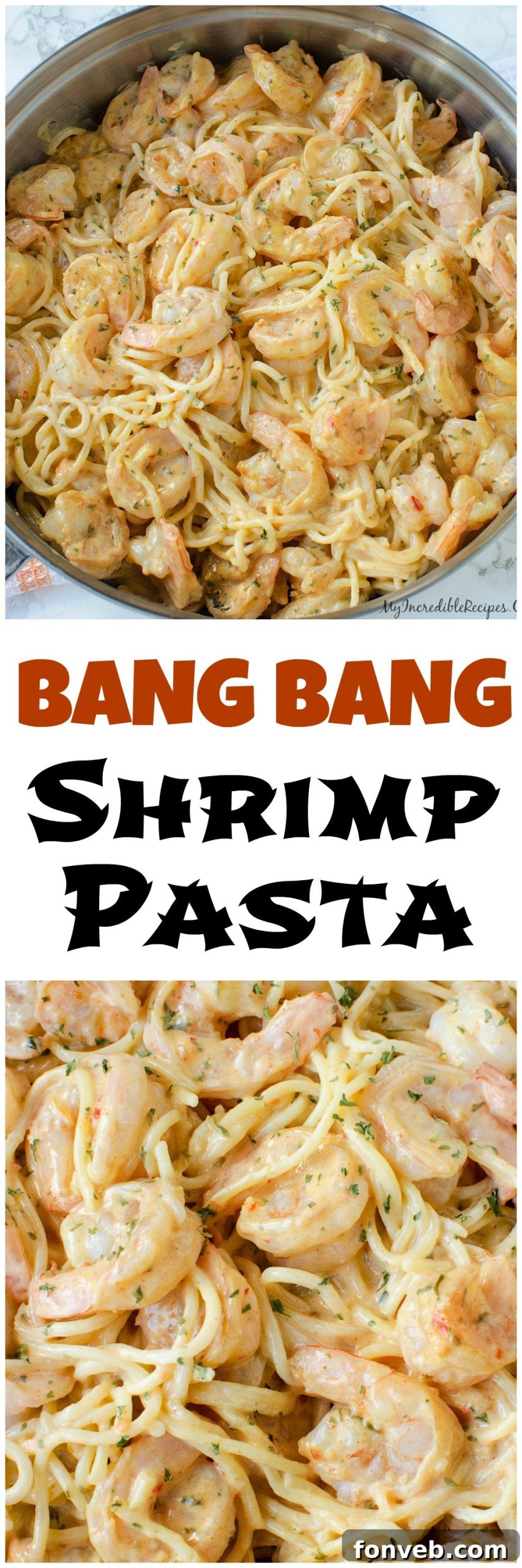 Pinterest graphic featuring Bang Bang Shrimp Pasta with a 'Pin It' call to action.