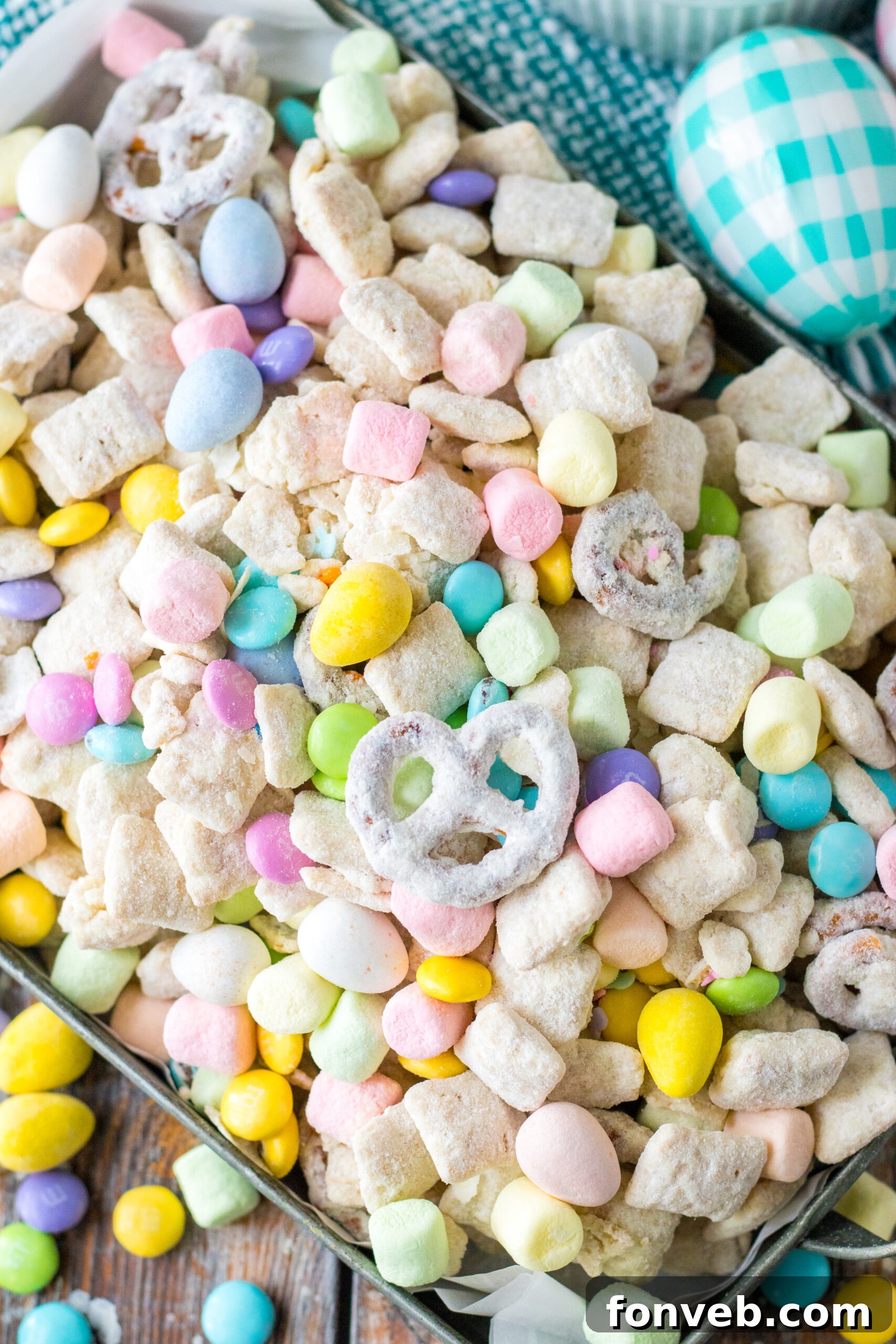 Overhead shot of Easter Bunny Munch in a silver serving tray, illustrating serving presentation.