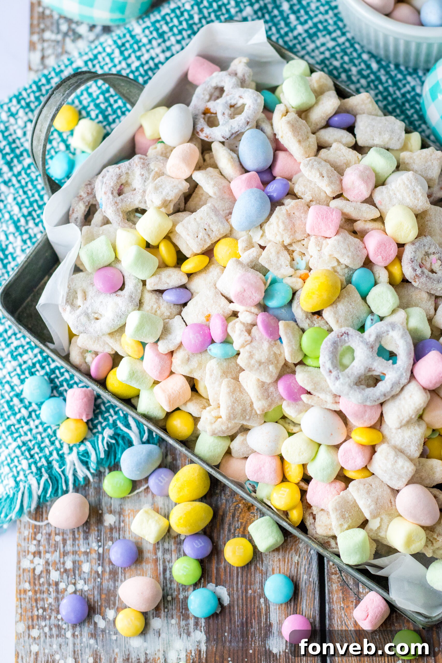 Overhead shot of Easter Bunny Munch in a silver serving tray, close-up details.