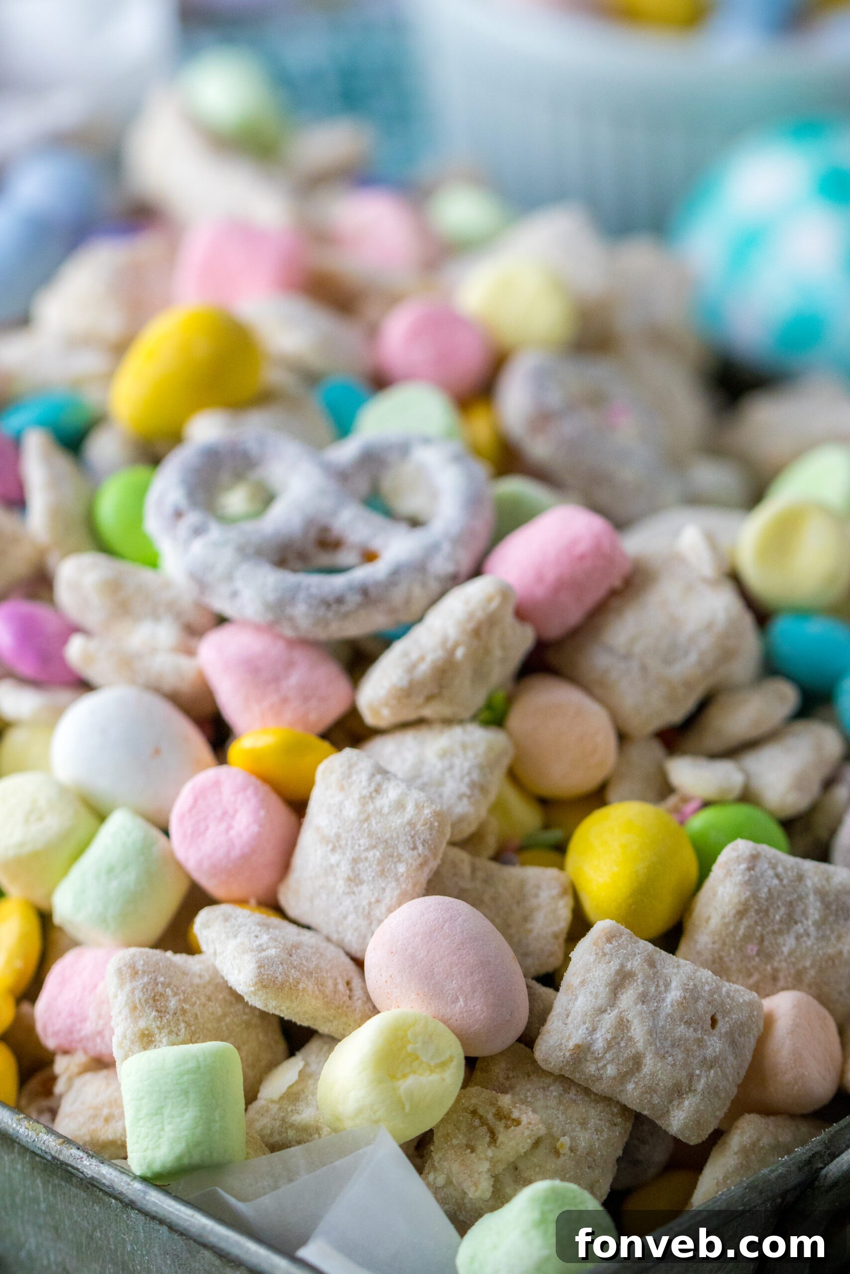 Up close shot of Easter Bunny Munch, showing the variety of ingredients.