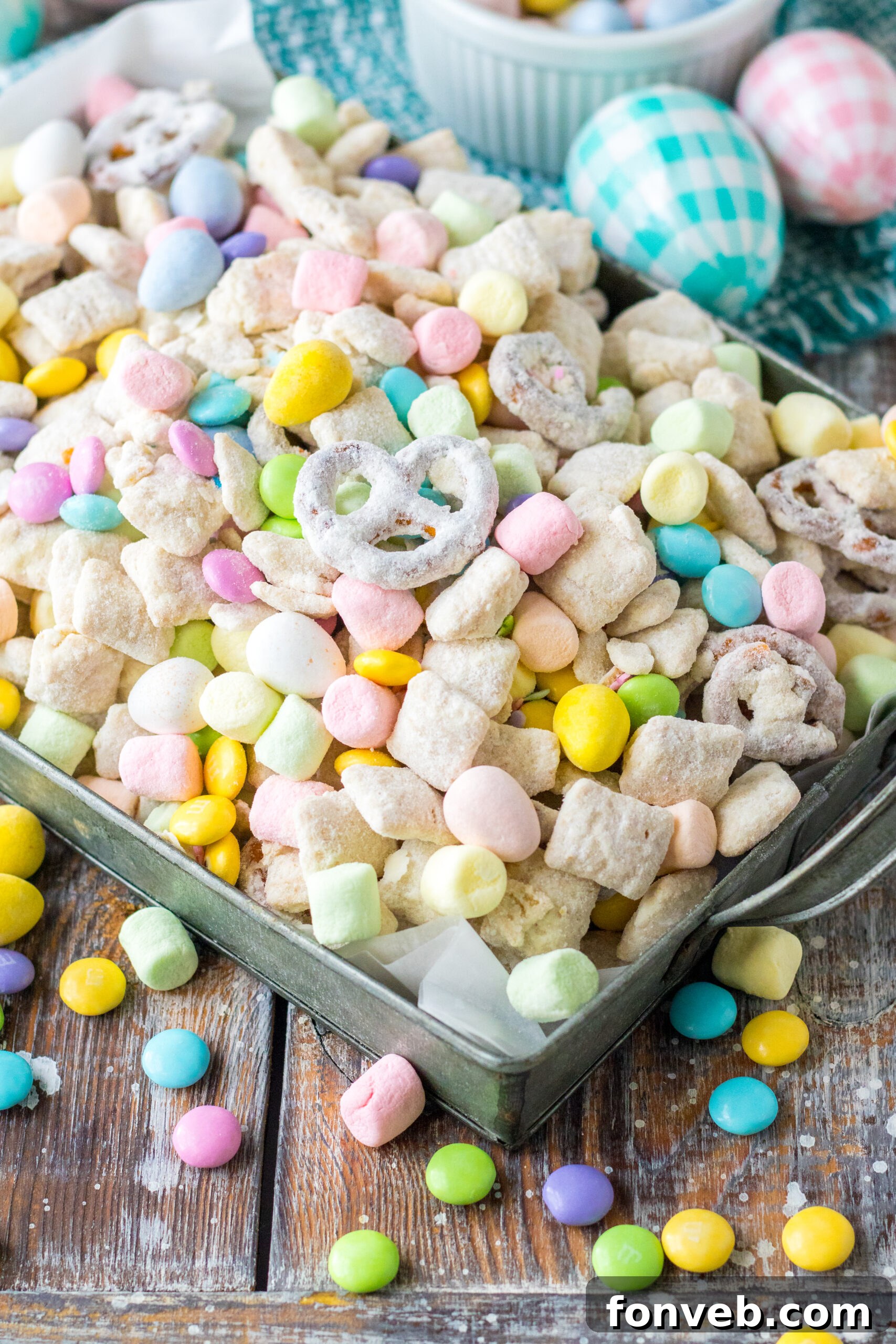 Overhead shot of Easter Bunny Munch in a silver serving tray, ready for a gathering.