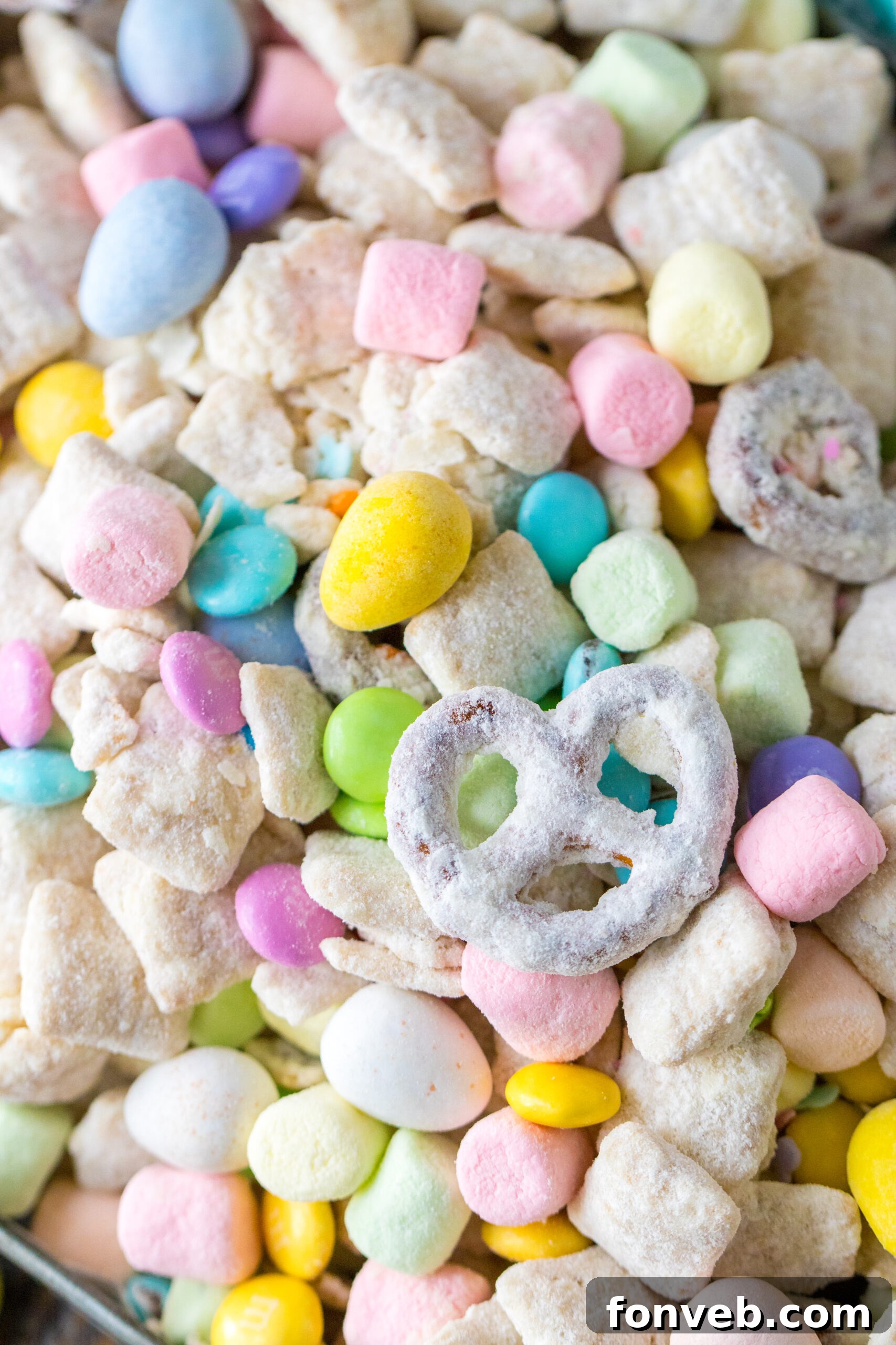 Up close shot of Easter Bunny Munch, highlighting the texture and colorful candy pieces.