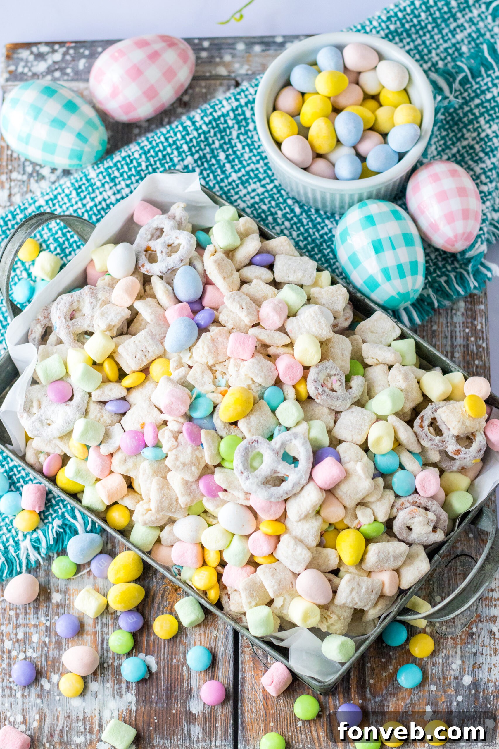Overhead shot of Easter Bunny Munch in a silver serving tray, ready to be enjoyed.