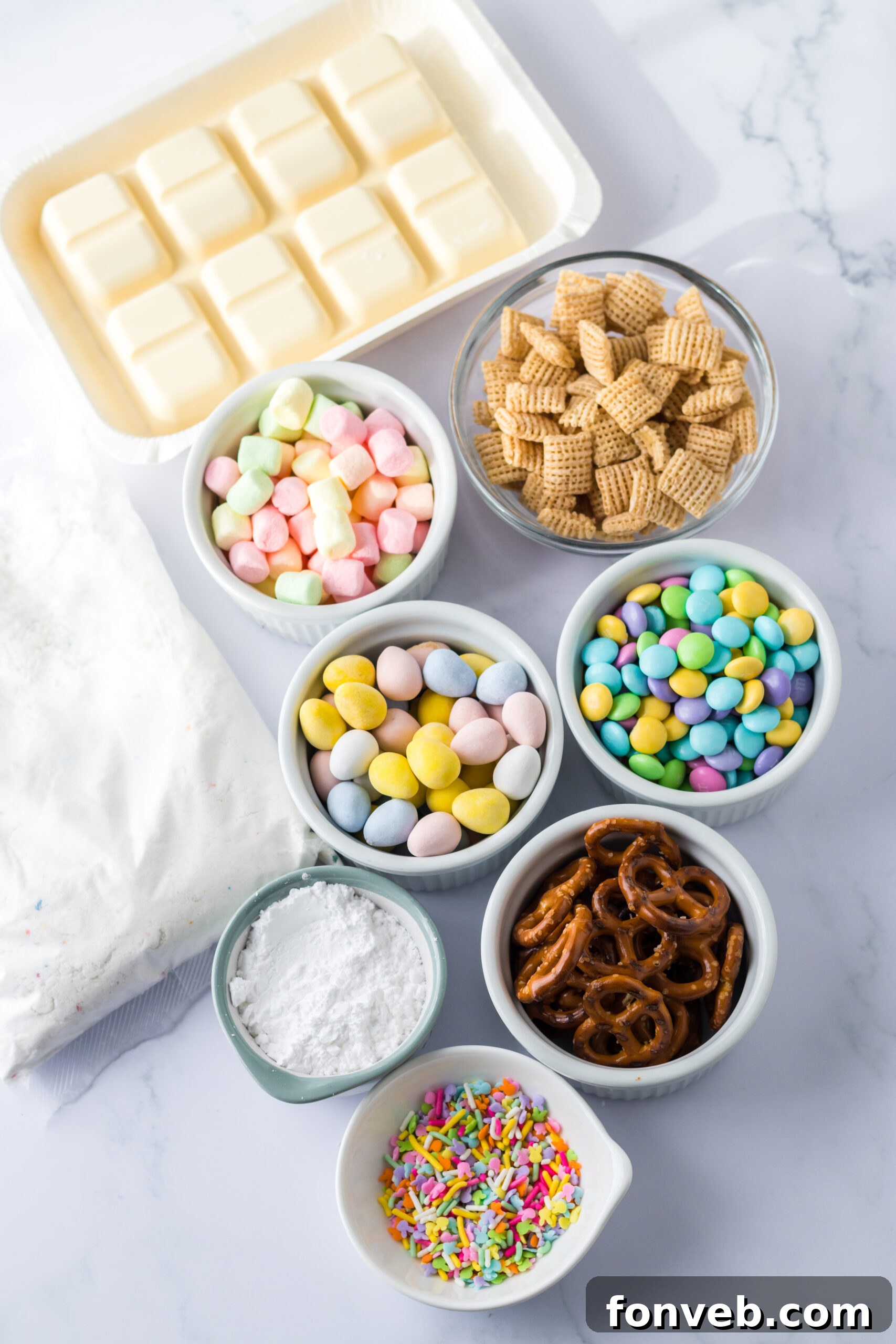 Overhead shot of all the ingredients laid out for the Easter Bunny Munch recipe.