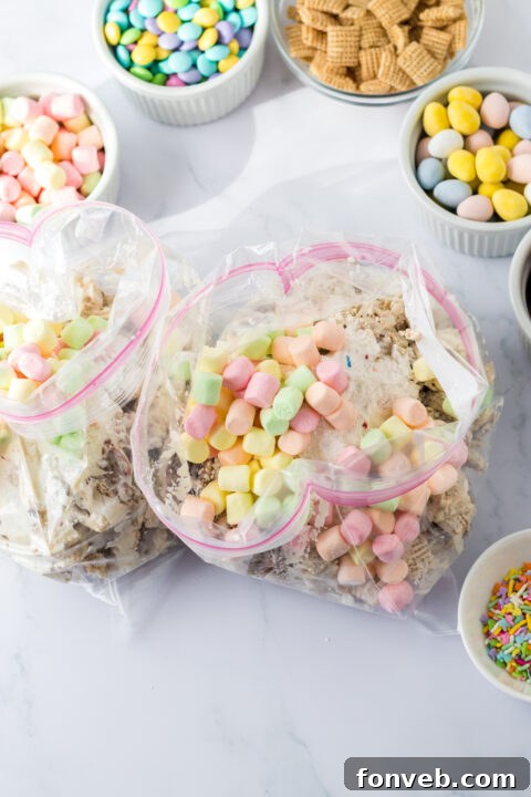 The coated mixture being transferred into a large Ziploc bag.