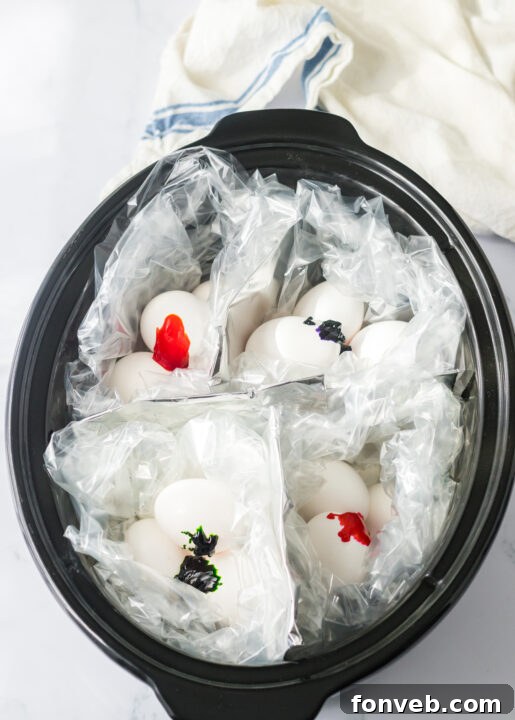 Close up of various slow cooker dyed Easter eggs.