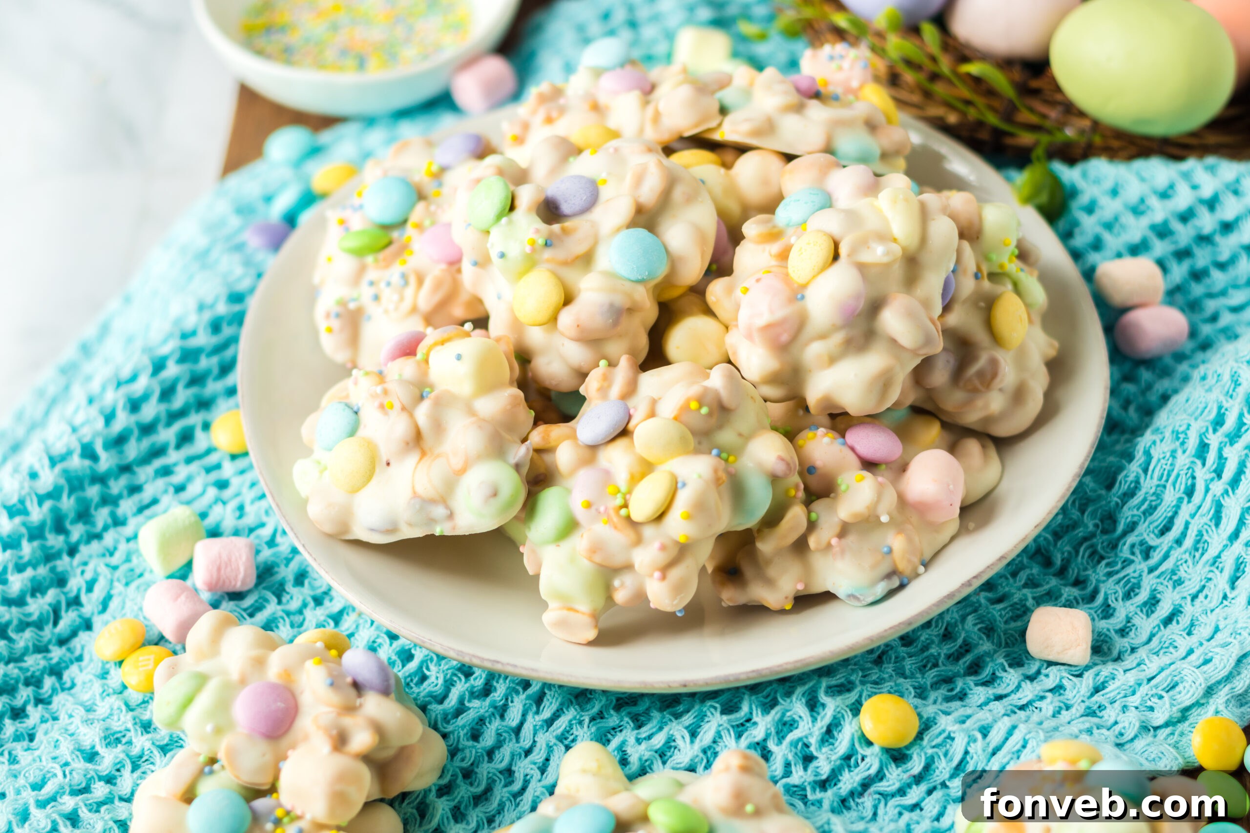 Side view of the stacked candy on a white plate on a teal colored linen.