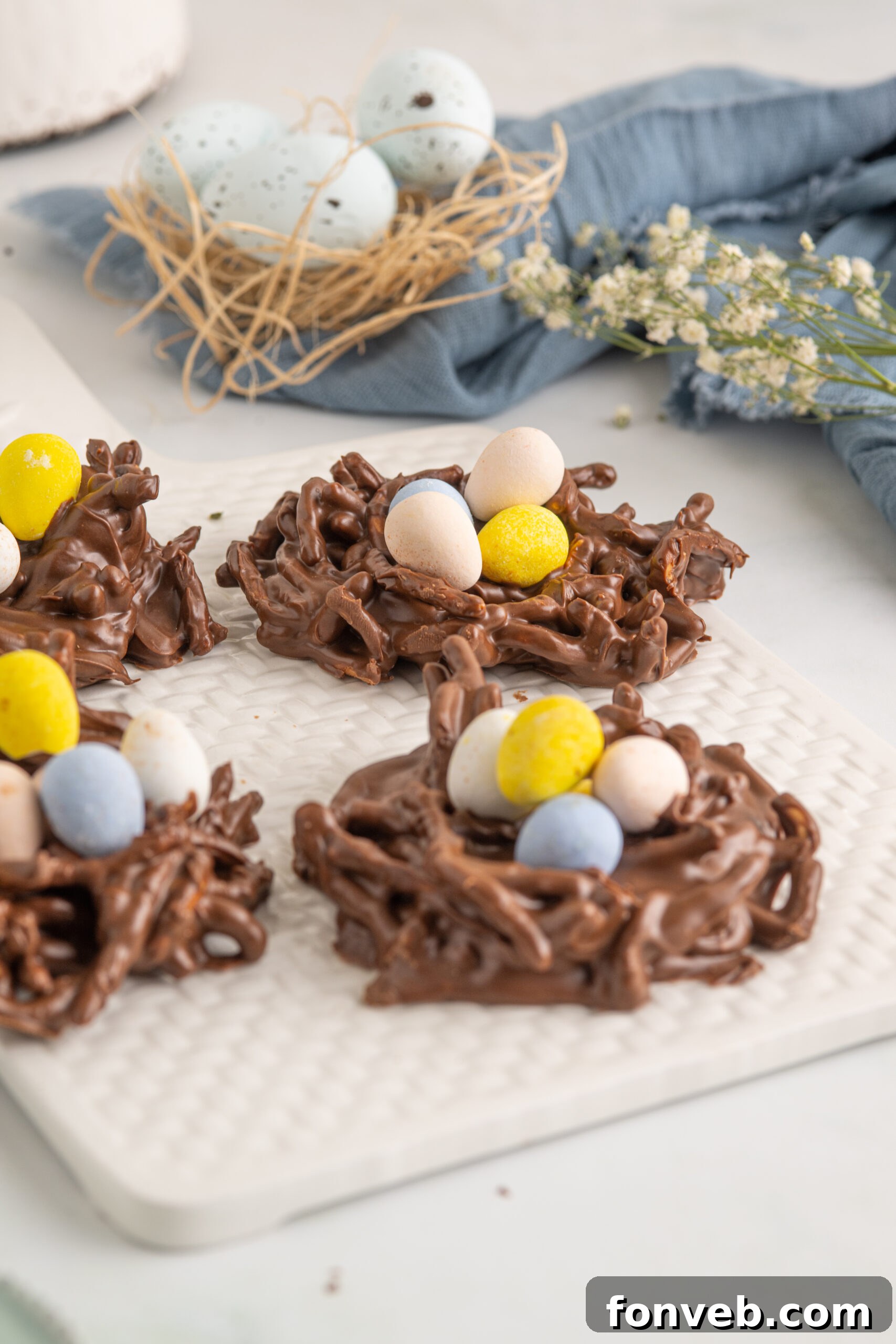 Whimsical Bird Nests 16 Birds Nest Cookies on a white serving tray.