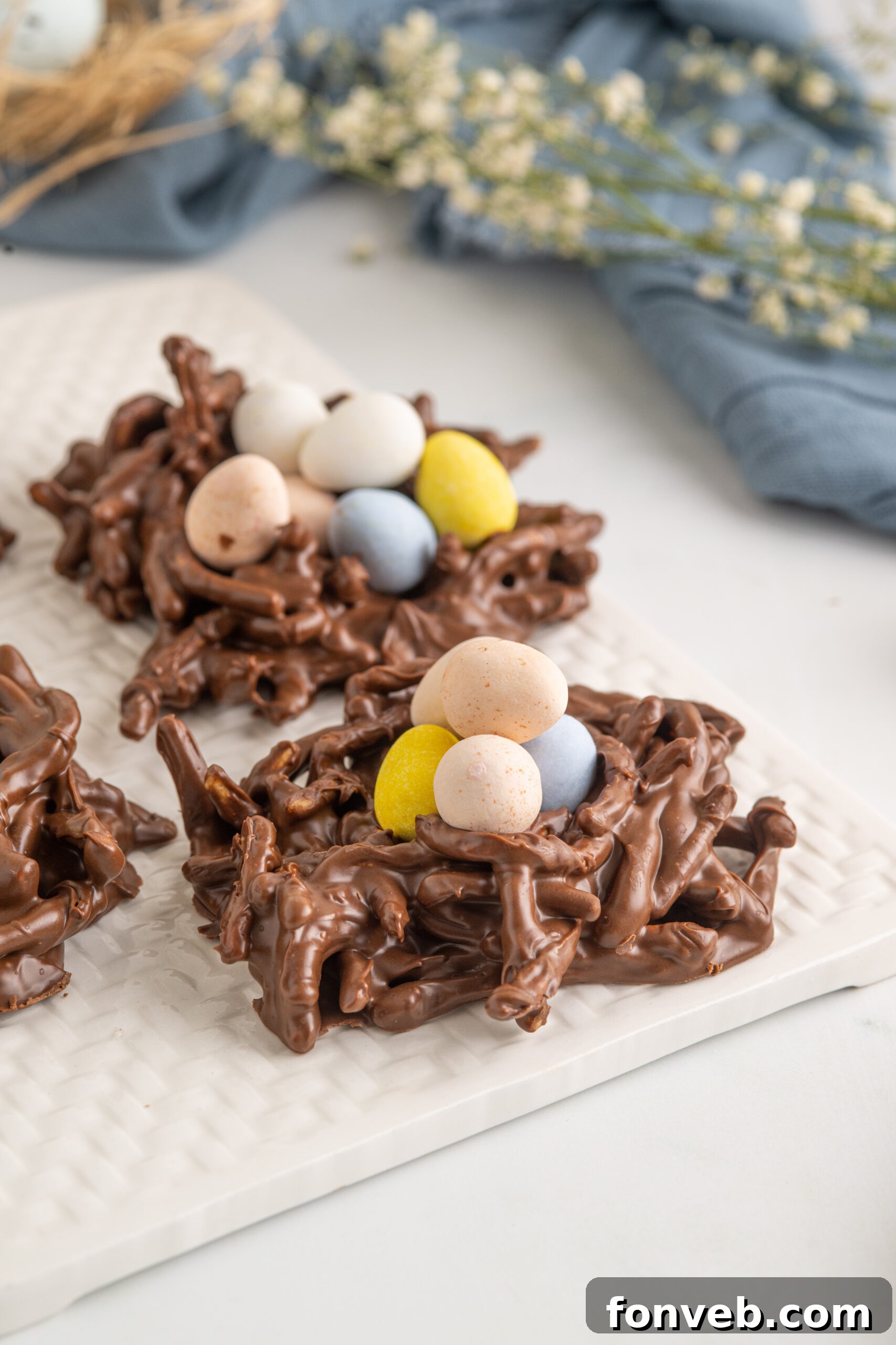 Whimsical Bird Nests 17 Birds Nest Cookies on a white serving tray.