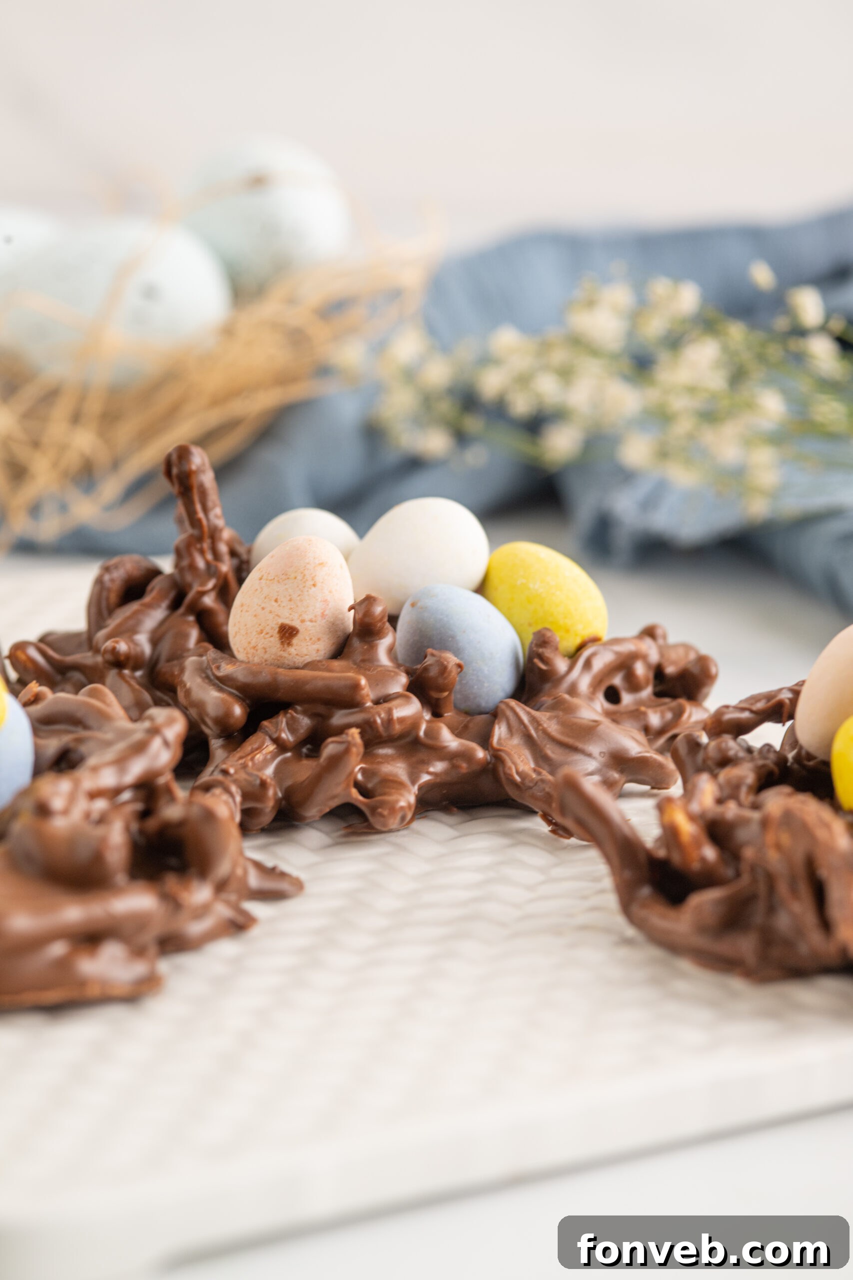 Whimsical Bird Nests 3 Side Close up of Birds Nest Cookies on a white serving tray.