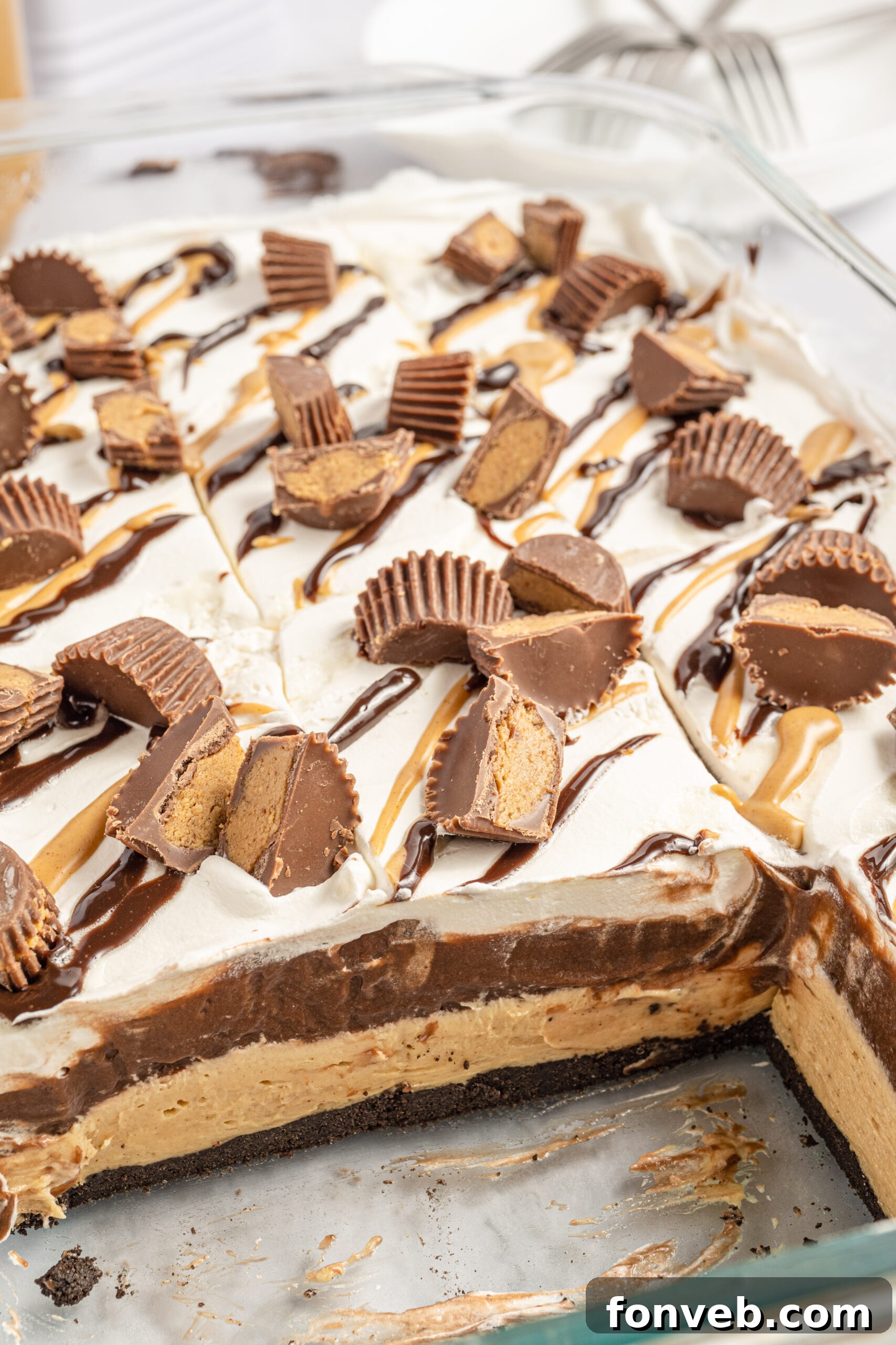 Reese's Peanut Butter Cup Lasagna 12 A vibrant close-up of a chocolate peanut butter lasagna within a clear glass baking pan, with two tempting slices already removed, emphasizing its rich texture and layers.