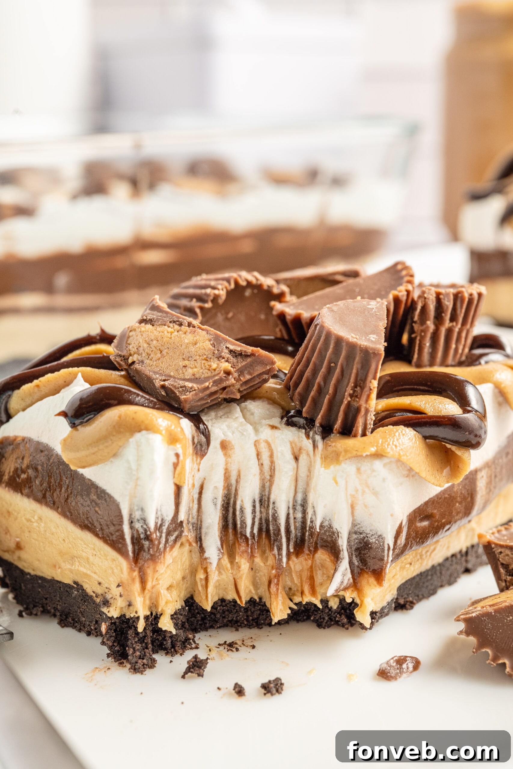 Reese's Peanut Butter Cup Lasagna 16 A tantalizing close-up shot of a bite of chocolate peanut butter lasagna on a white plate, showcasing its layers and tempting texture.