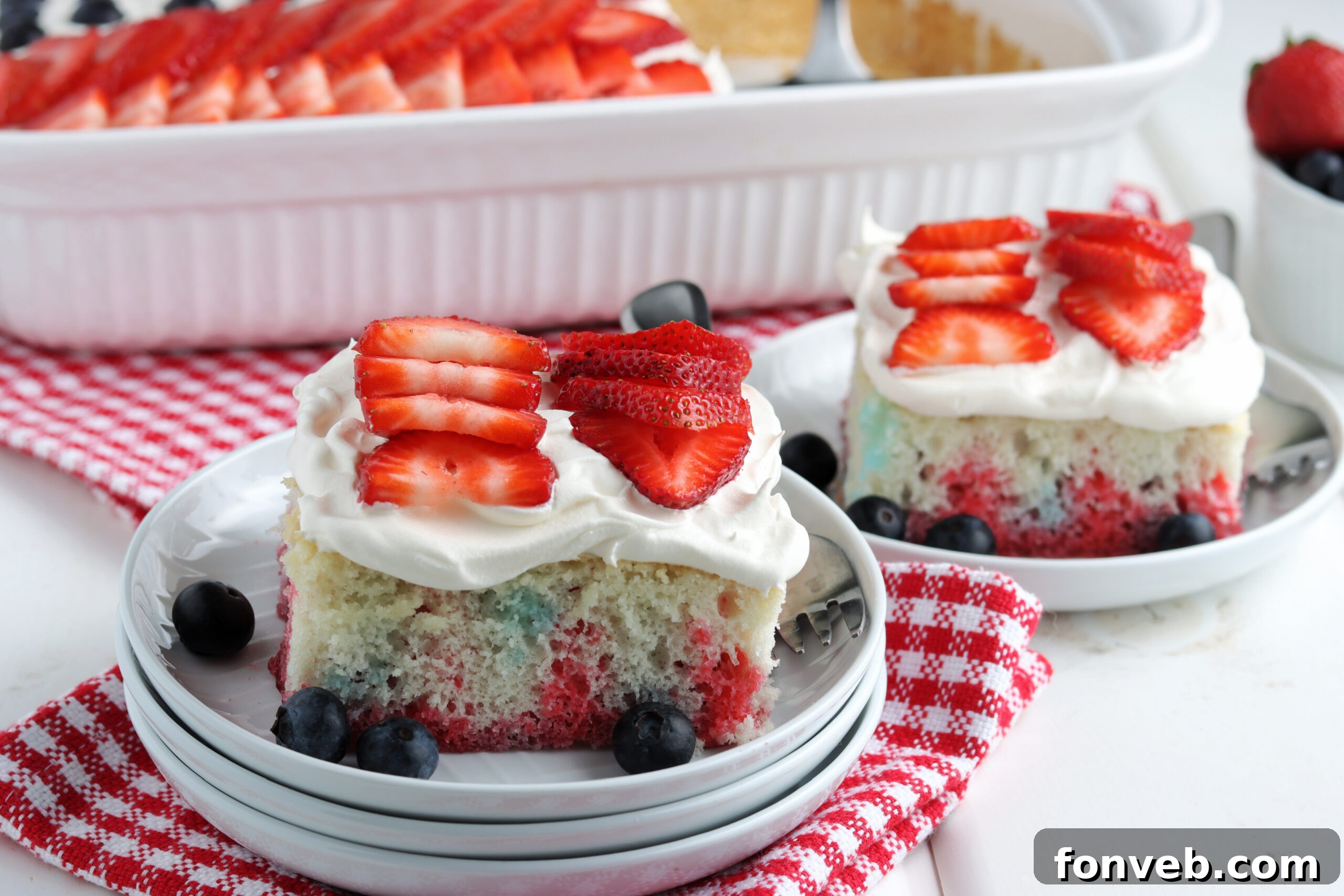 The American Flag Poke Cake in its full glory, showcasing the complete patriotic design.