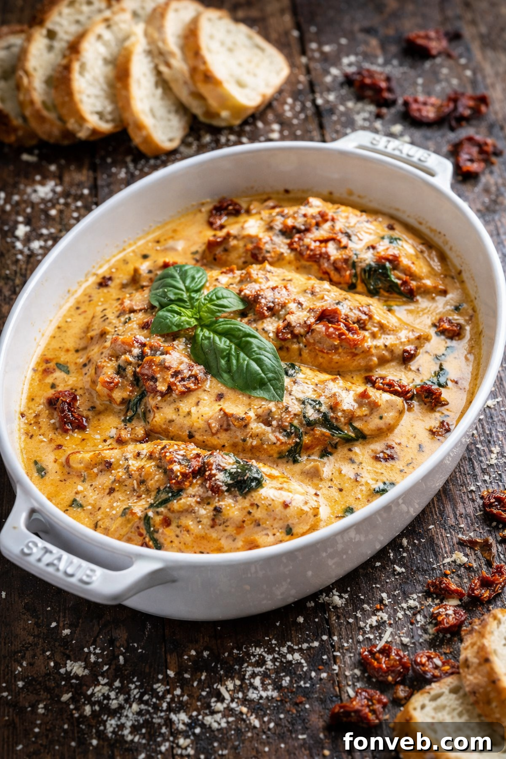 Dreamy Date Night Chicken 13 Marry me chicken in a white baking dish on a wood table