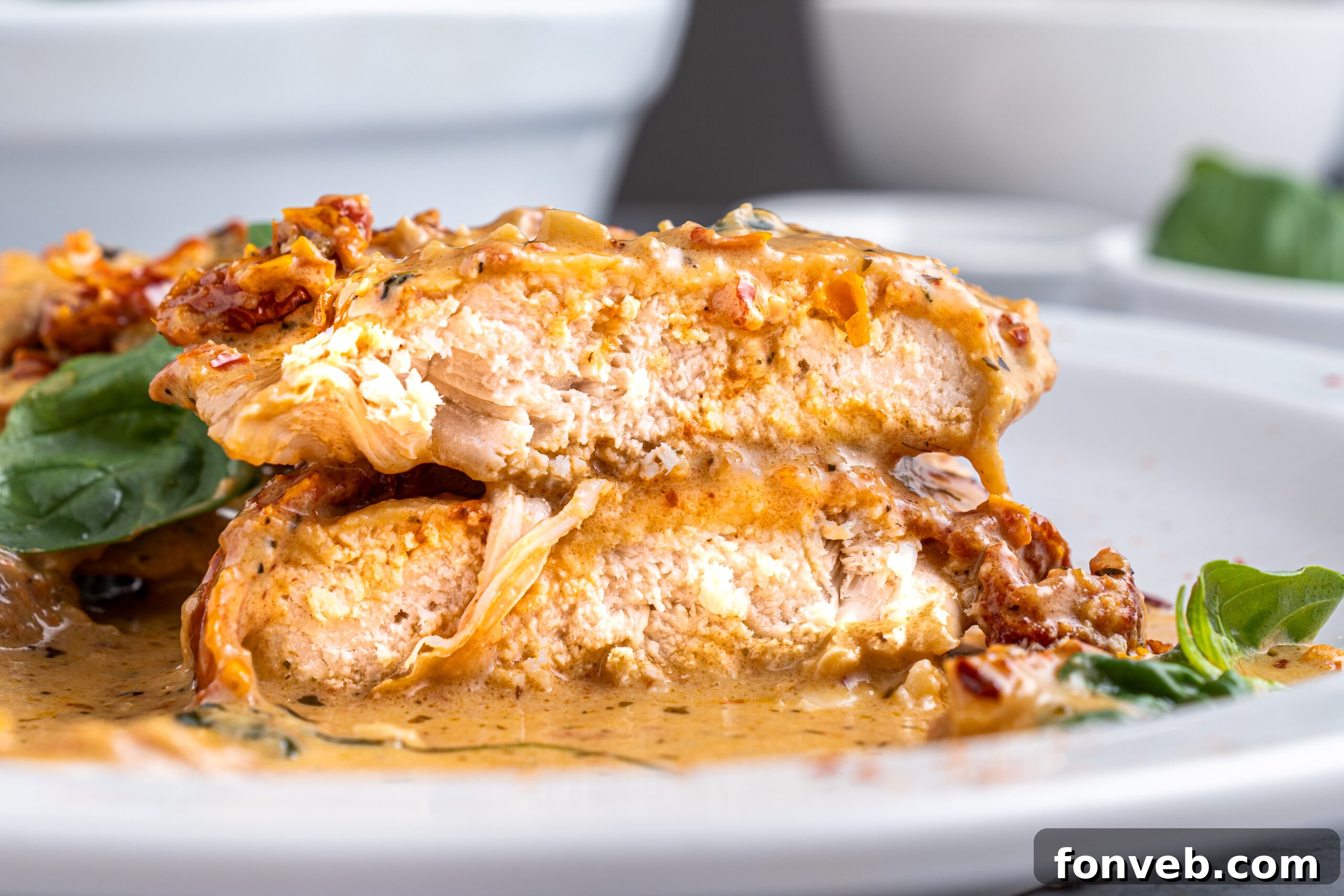 Dreamy Date Night Chicken 18 Marry Me chicken cut in half and stacked on top of each other on a white plate.