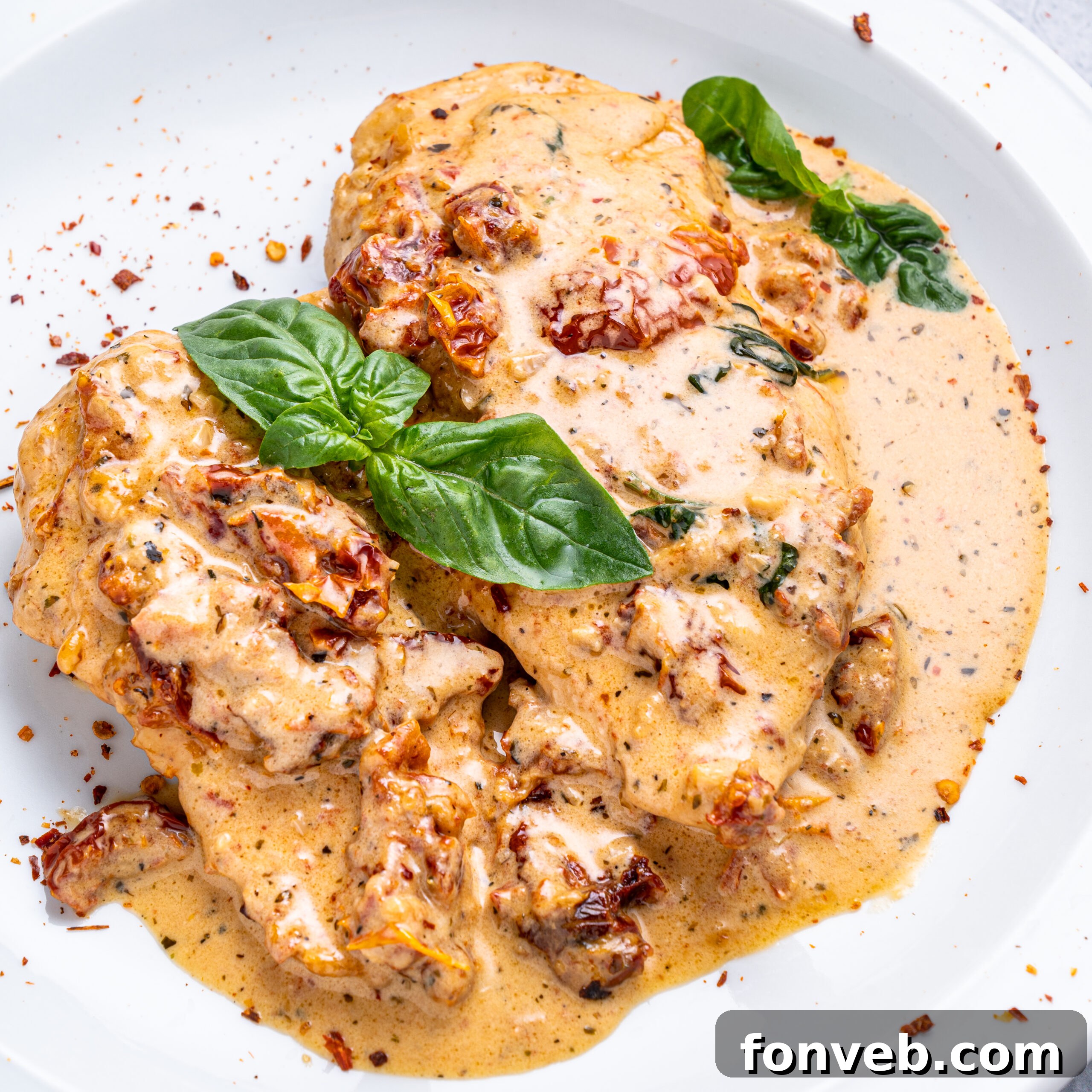 Dreamy Date Night Chicken 5 Marry Me chicken on a white plate topped with fresh basil and pepper flakes.