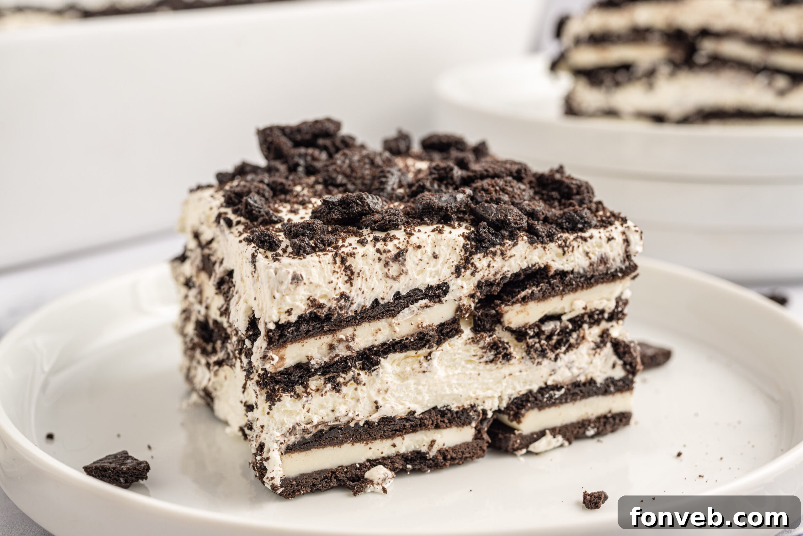 Slice of the Oreo Icebox Cake on a white plate